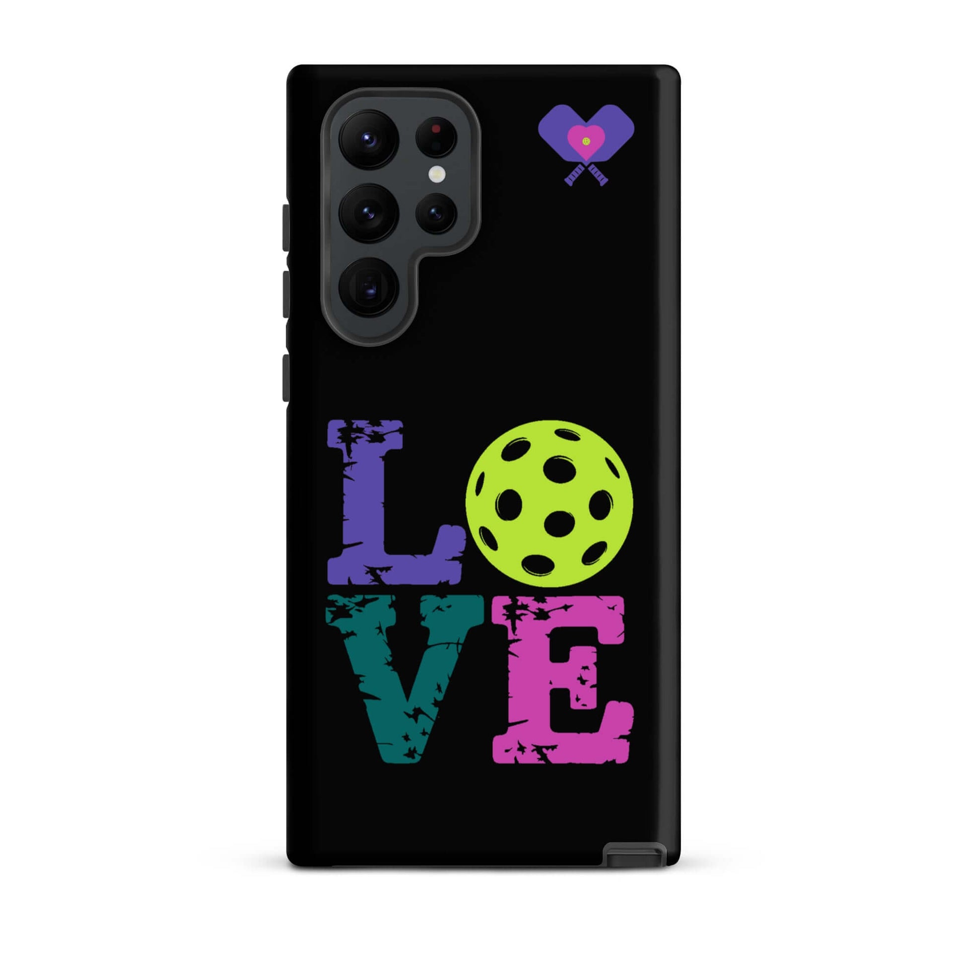 Women’s LOVE Pickleball Tough Case for Samsung® featuring colorful 'LOVE' text and pickleball design.