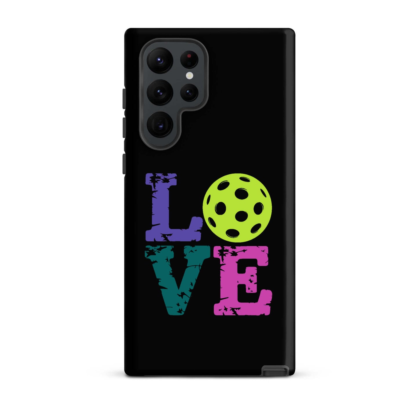 LOVE Pickleball Tough Case for Samsung® featuring colorful letters and a pickleball icon.