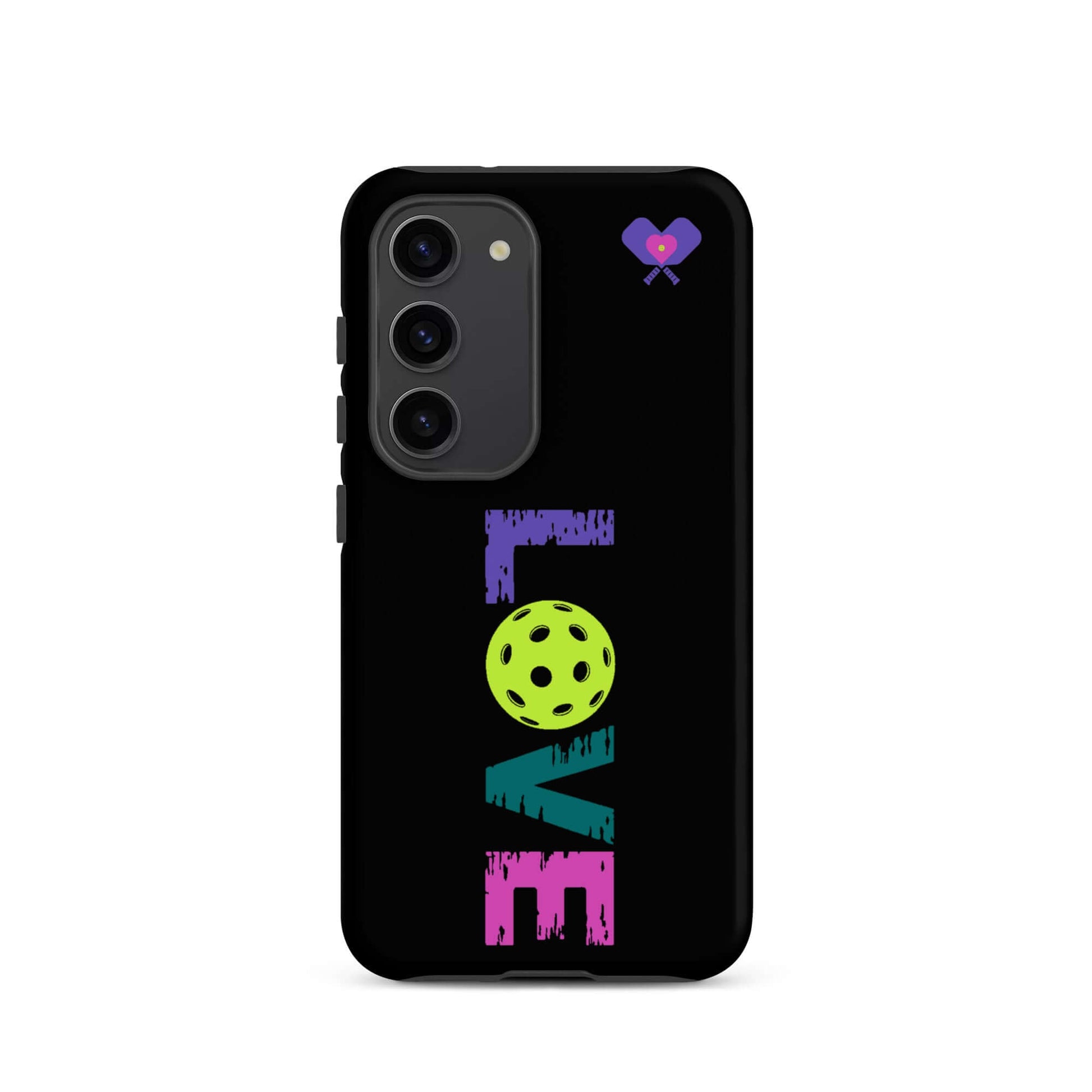 LOVE Pickleball Tough Case for Samsung® featuring colorful lettering and a pickleball graphic.