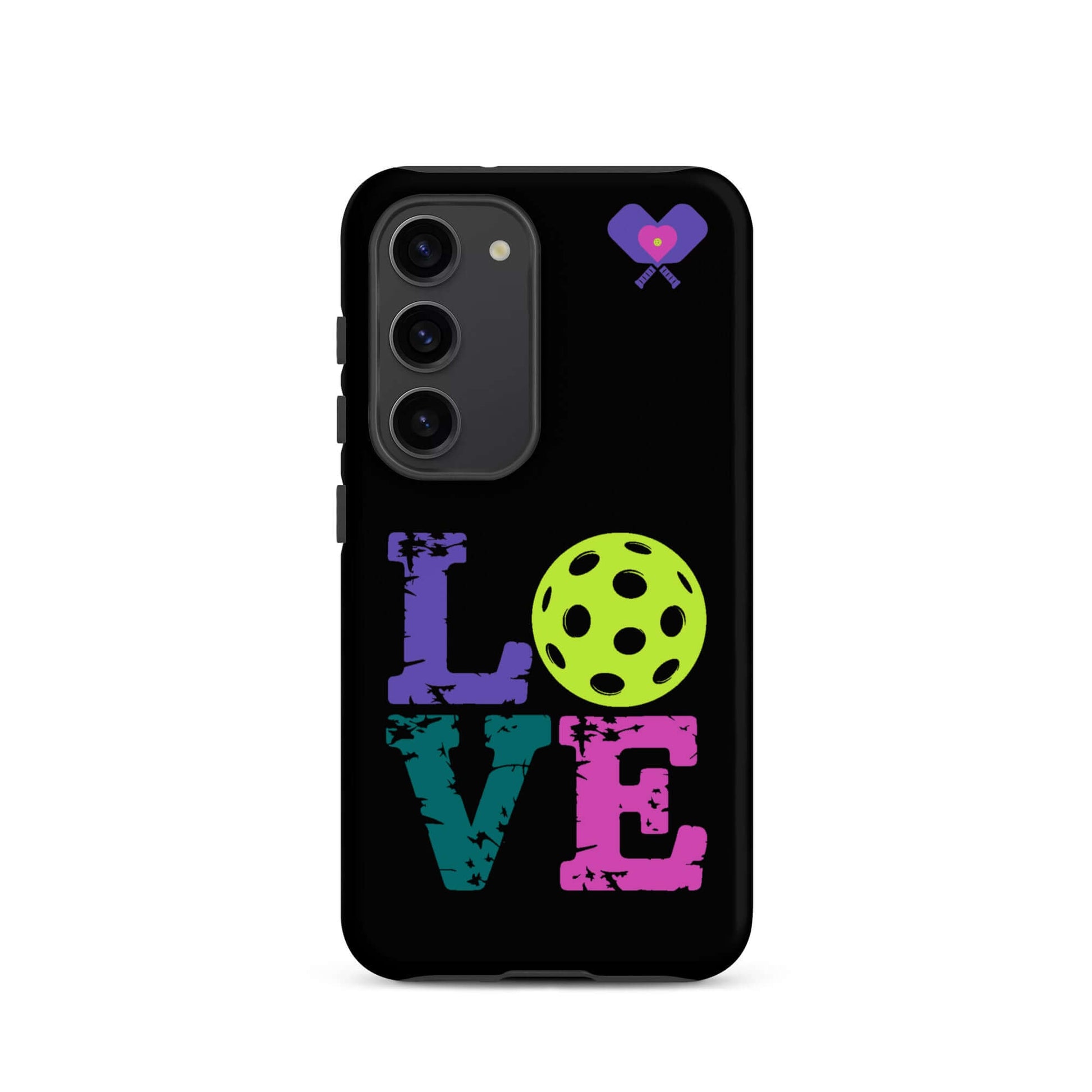 Women’s LOVE Pickleball Tough Case for Samsung® with colorful letters and pickleball graphic.