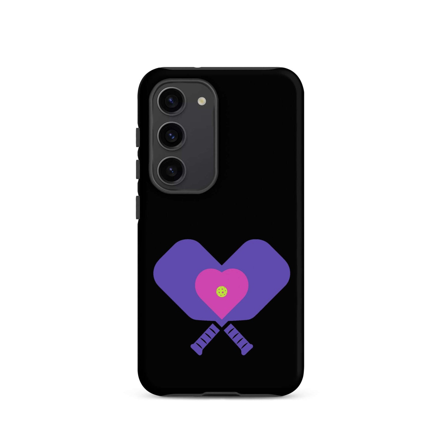 LOVE Pickleball Tough Case for Samsung® featuring heart and paddles design on a black background.