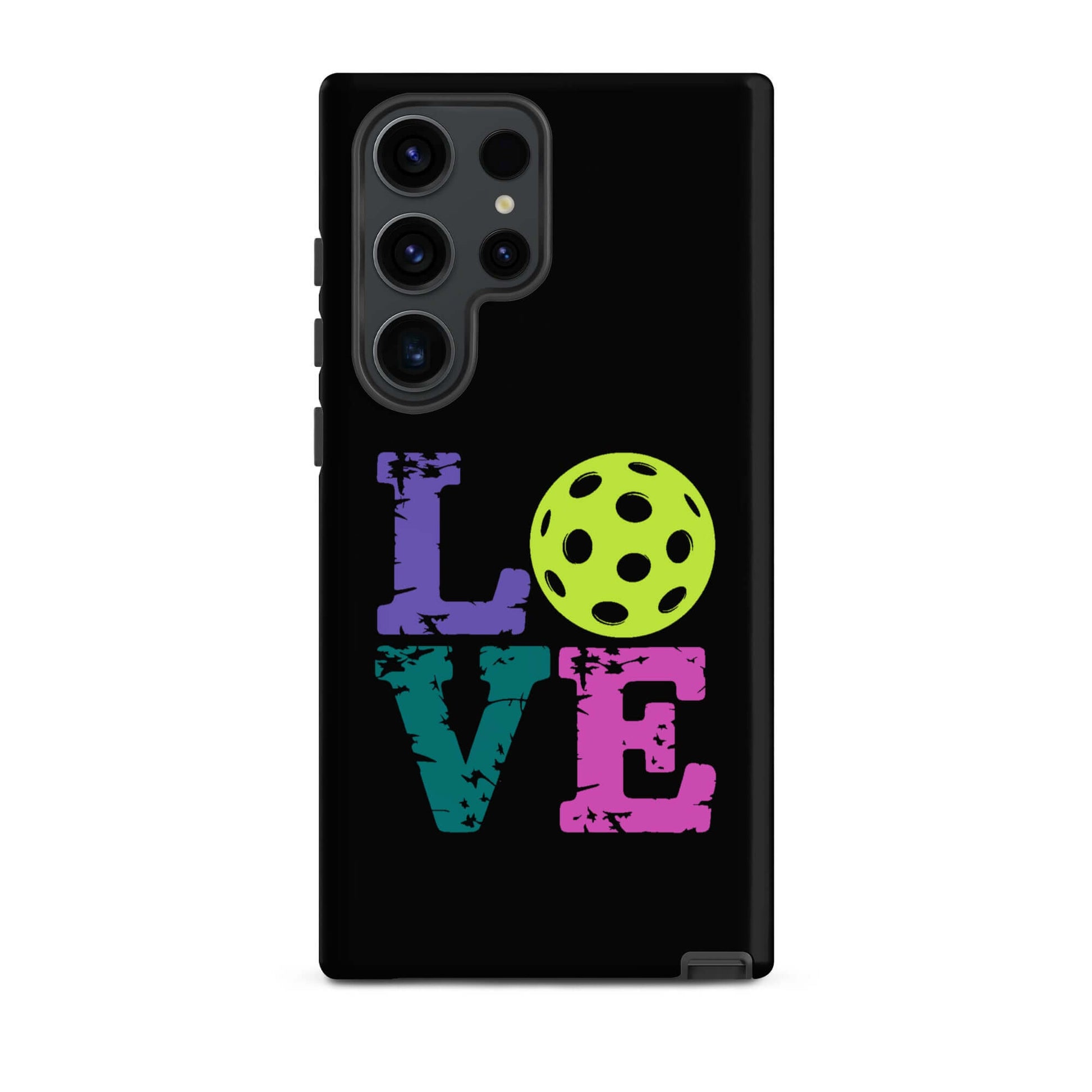 LOVE Pickleball Tough Case for Samsung with colorful lettering and pickleball graphic