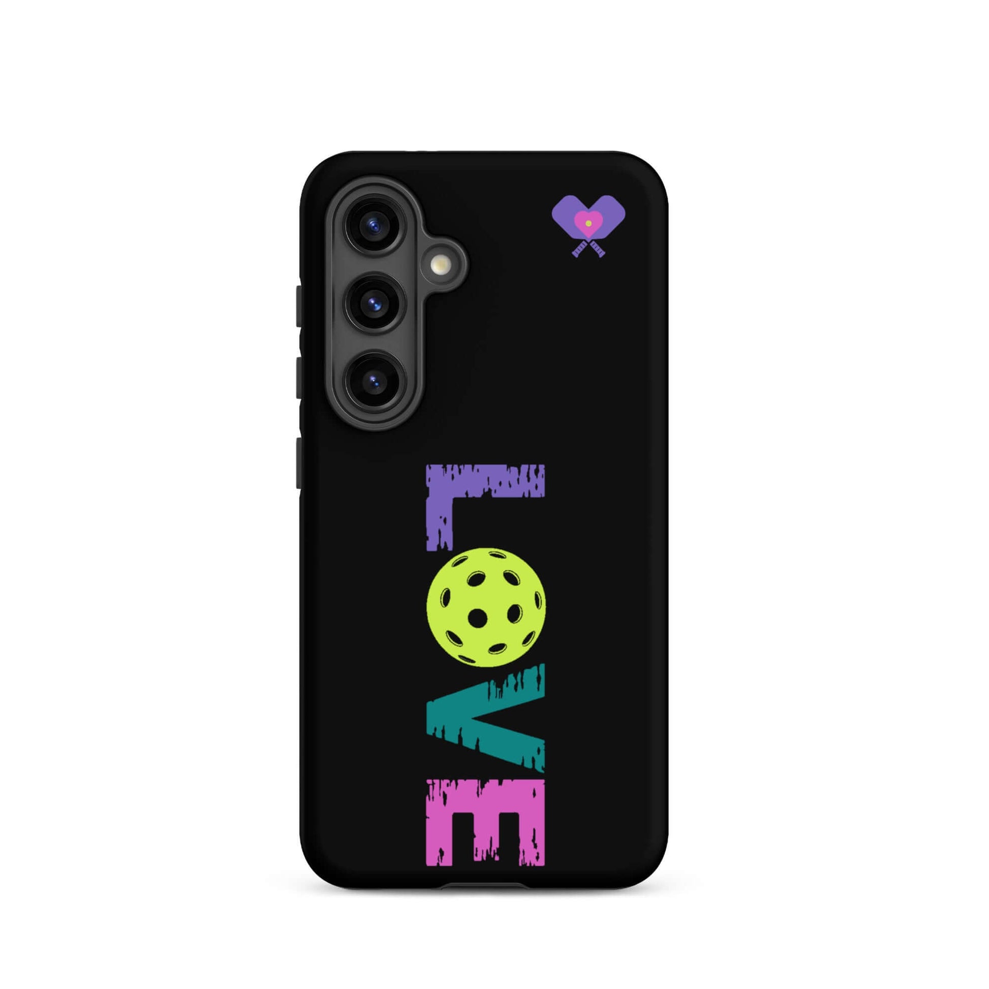 LOVE Pickleball Tough Case for Samsung® featuring colorful text and a pickleball graphic on a black background.