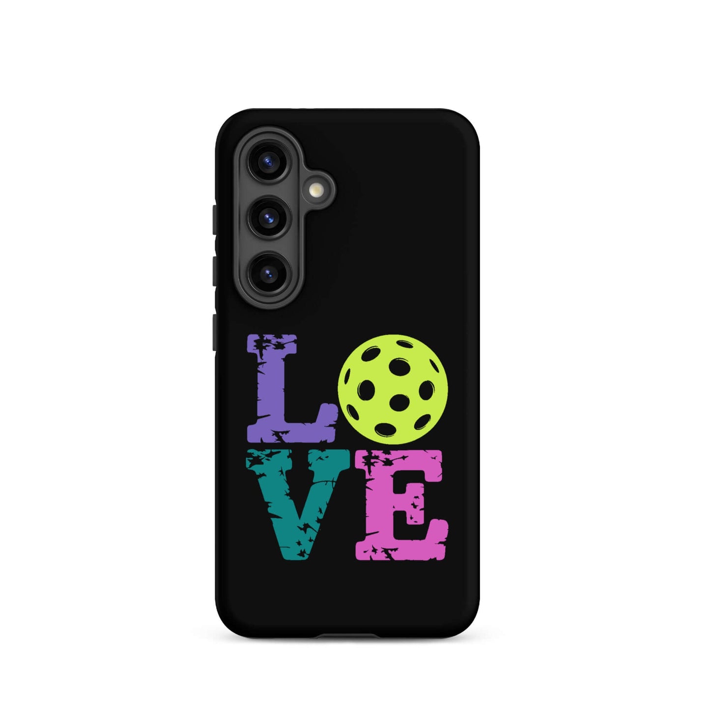 LOVE Pickleball Tough Case for Samsung® featuring colorful text and a pickleball design.