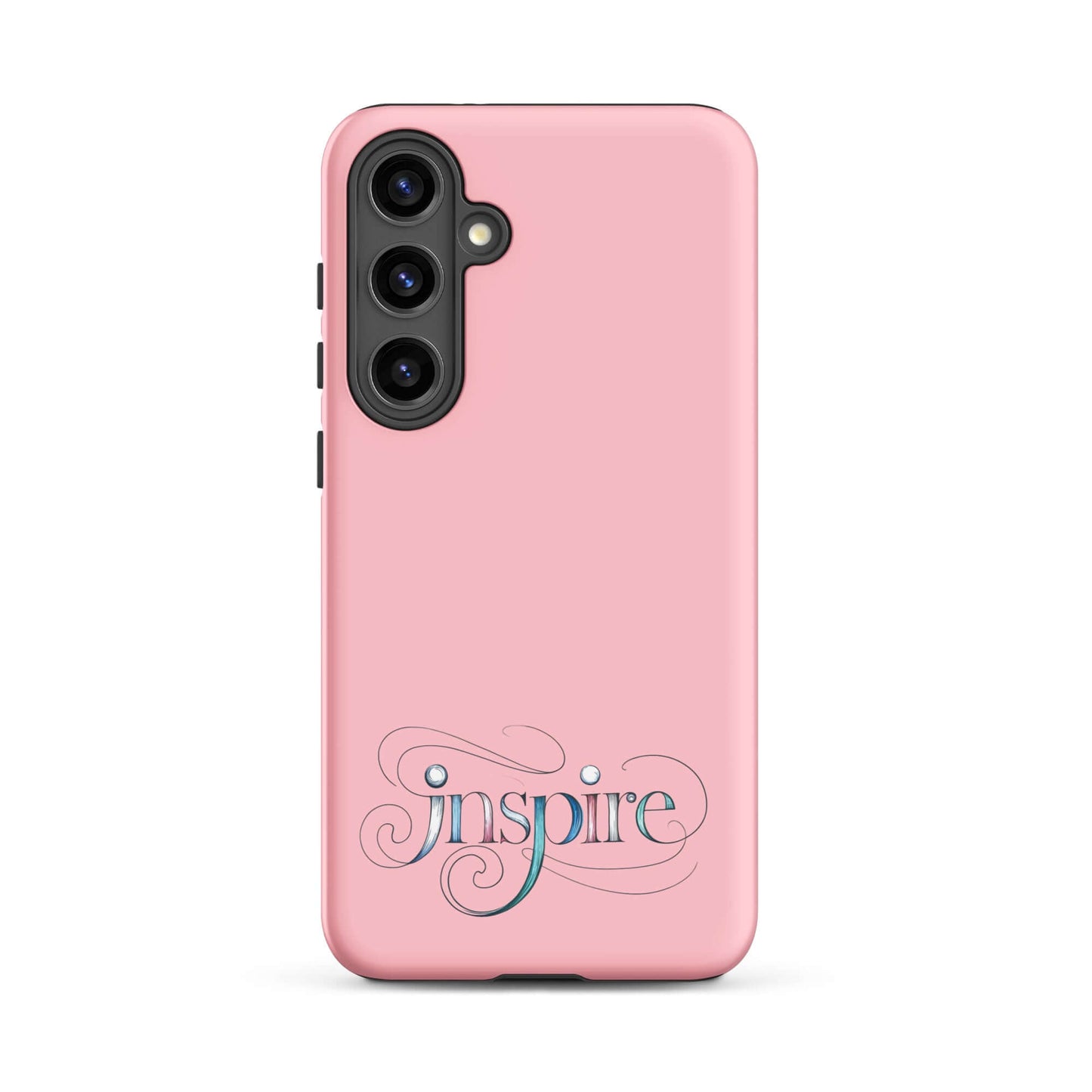 Artistic pink tough case for Samsung featuring the word 'Inspire' in elegant swirls and patterns.