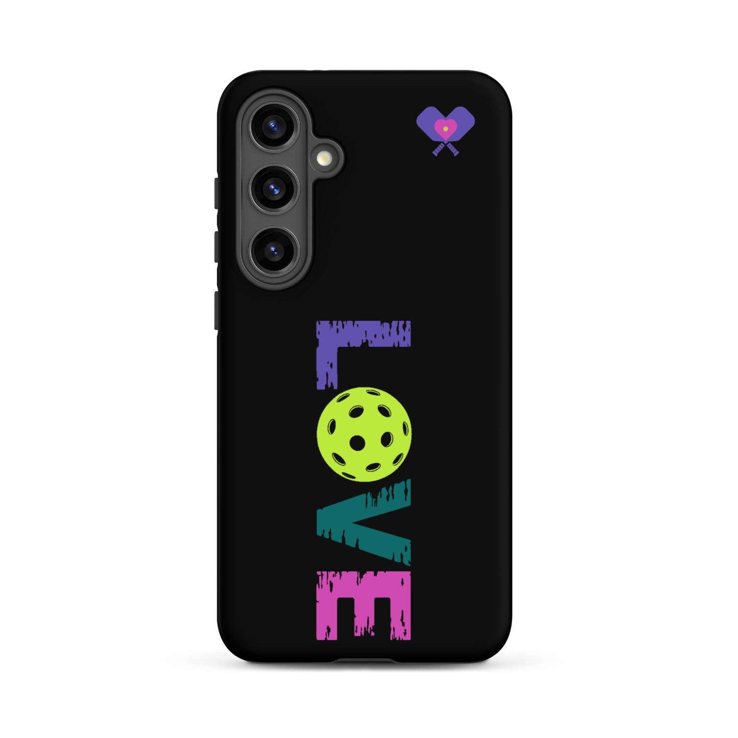 LOVE Pickleball Tough Case for Samsung® featuring colorful love text and a pickleball design.