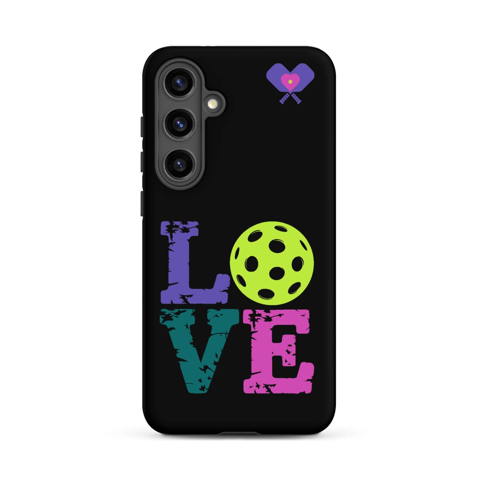 Women’s LOVE Pickleball Tough Case for Samsung® with vibrant design featuring a pickleball and colorful lettering.