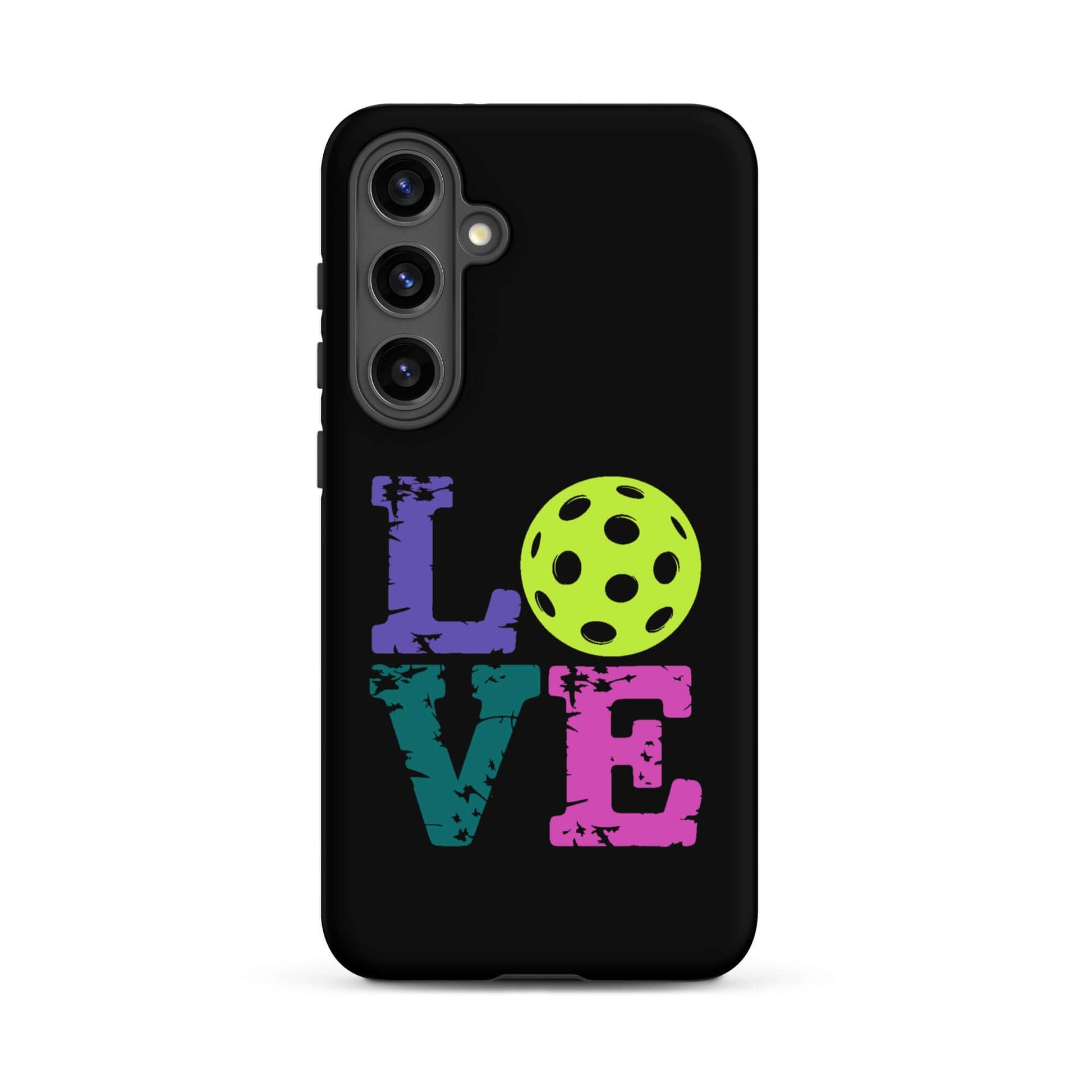 LOVE Pickleball Tough Case for Samsung® featuring colorful text and a pickleball design, perfect for enthusiasts.