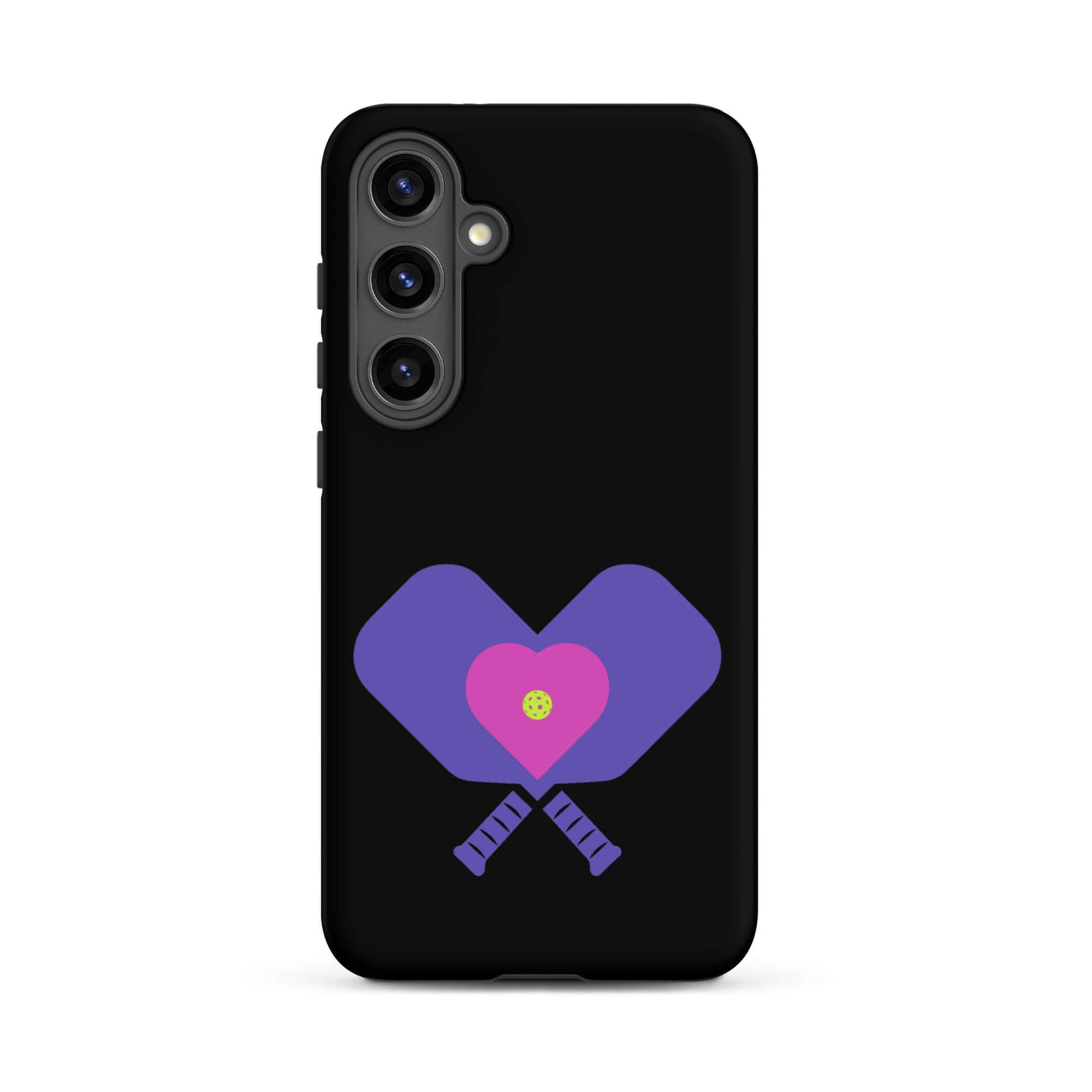 LOVE Pickleball Tough Case for Samsung® featuring heart paddles design on a black background.