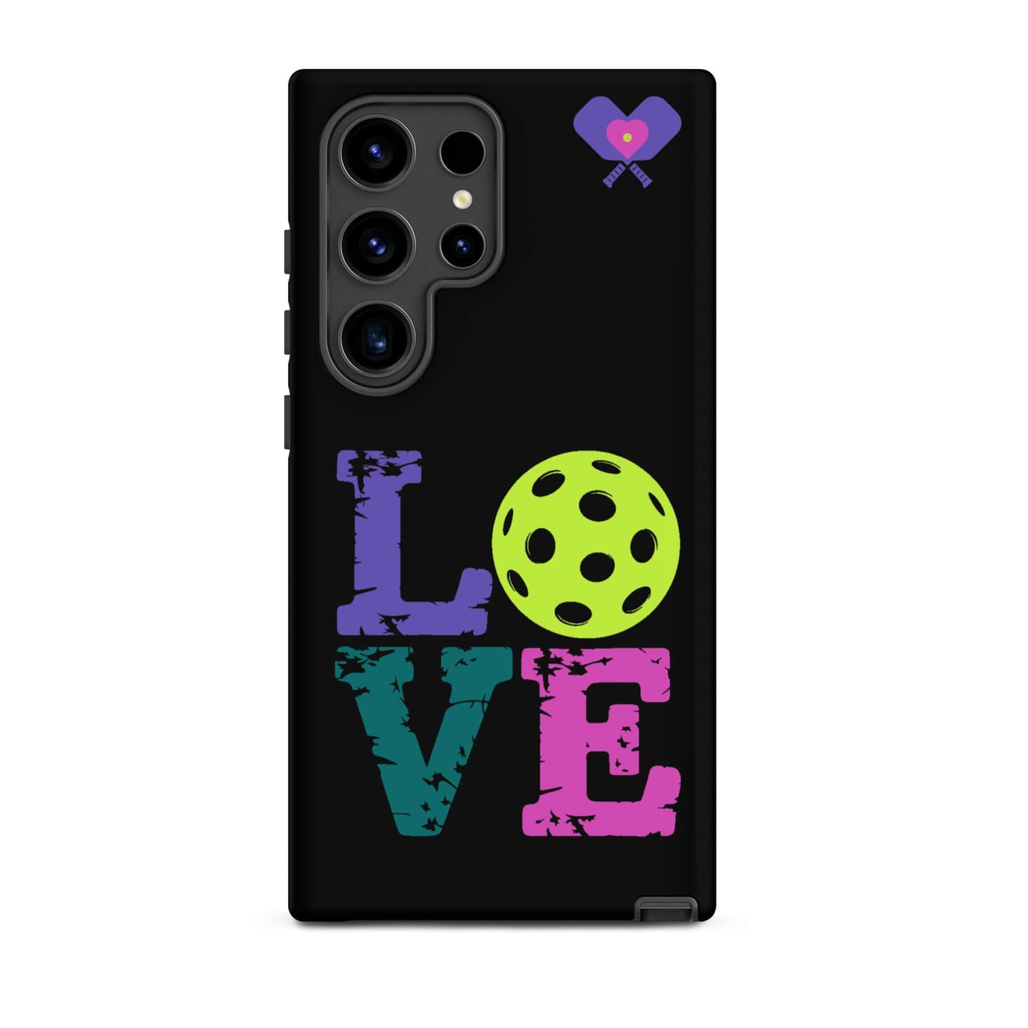 Women’s LOVE Pickleball Tough Case for Samsung® with colorful lettering and pickleball graphic.