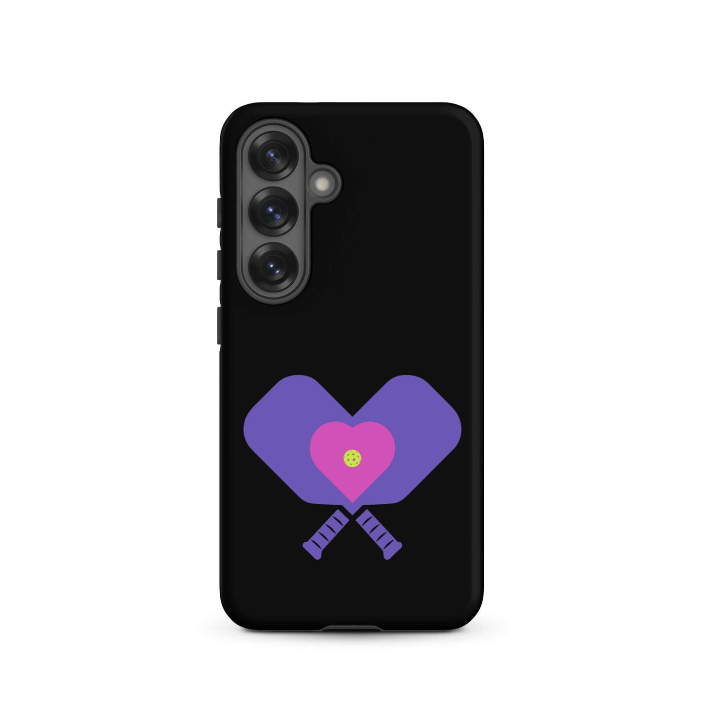 LOVE Pickleball Tough Case for Samsung®, featuring heart and paddles design on a black background.