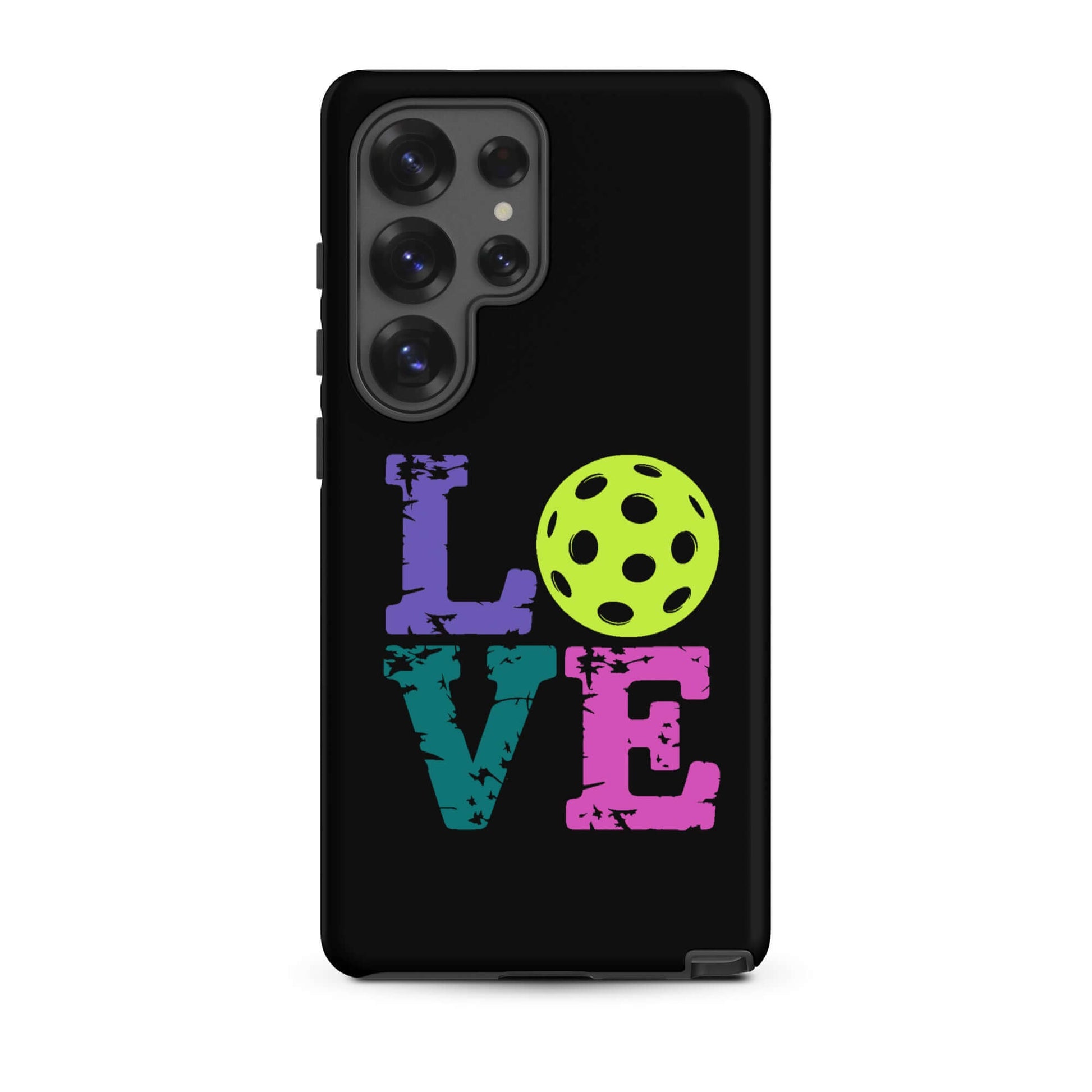 LOVE Pickleball Tough Case for Samsung® featuring vibrant lettering and a pickleball design, ideal for enthusiasts.