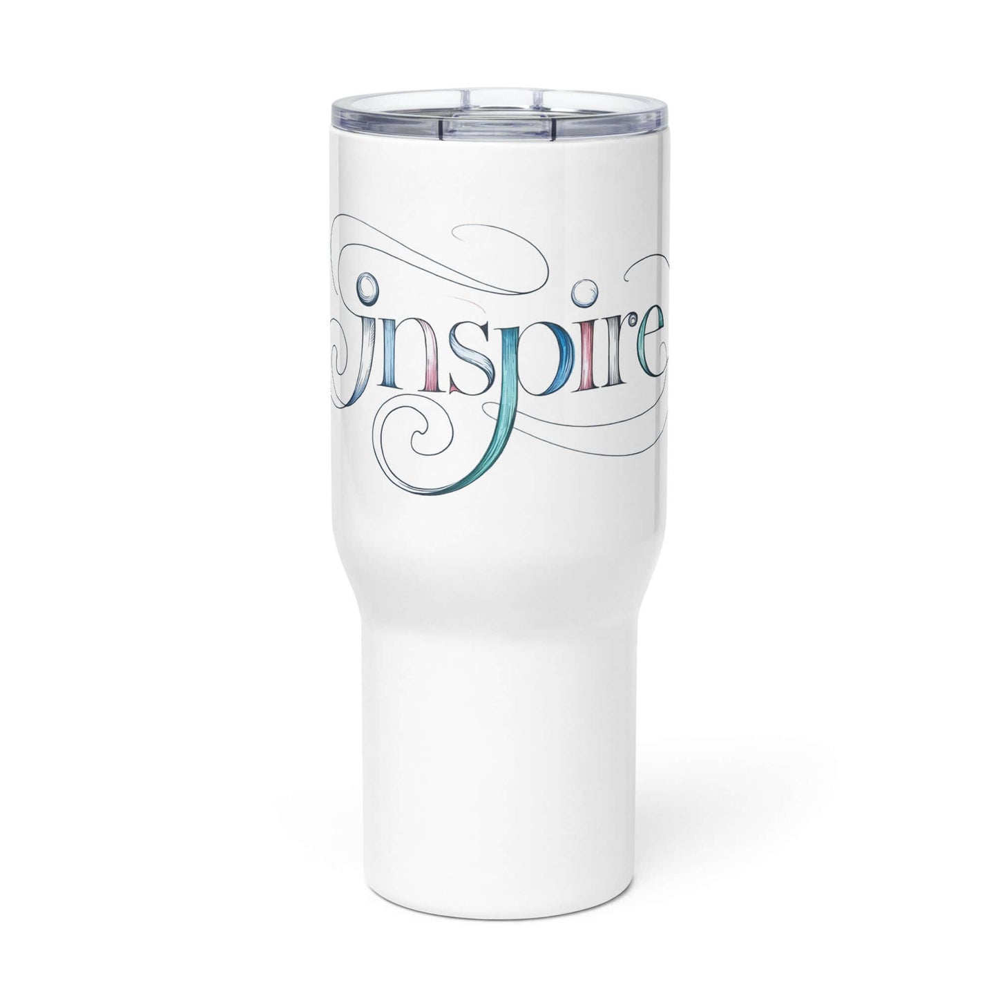 Inspire Sketch Travel Mug with Handle featuring elegant word art design for creativity on the go.