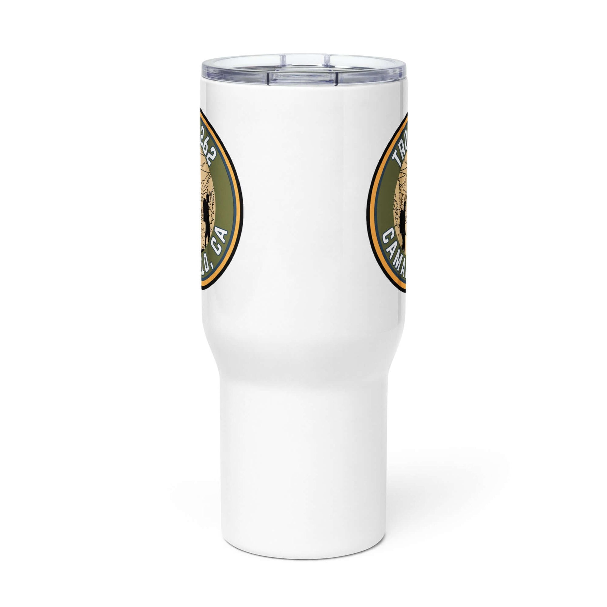 White stainless steel travel mug with a handle and a logo, perfect for keeping drinks hot or cold on the go.