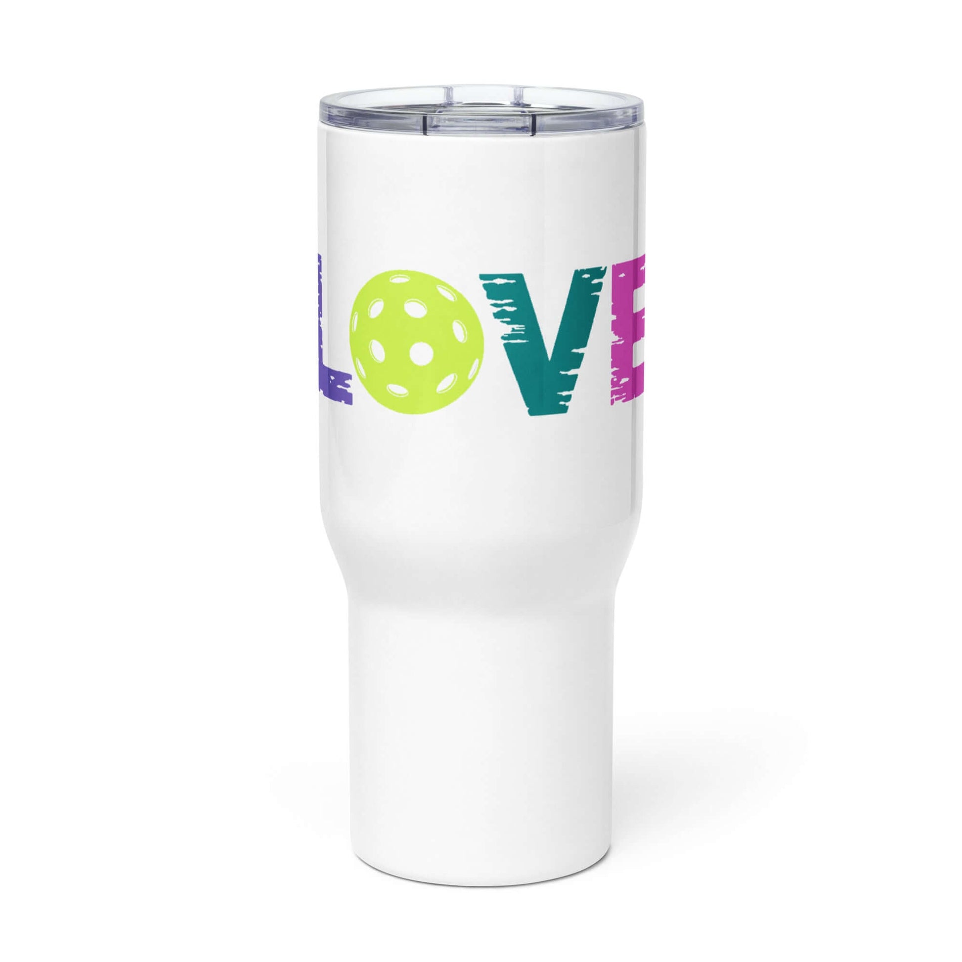 LOVE Pickleball Travel Mug with Handle, vibrant design for active players and fans on-the-go.