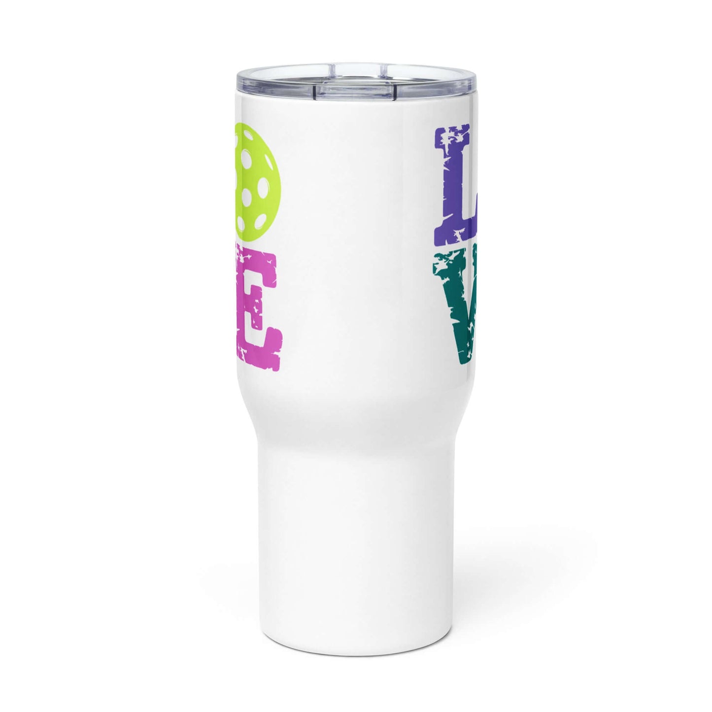 LOVE Pickleball Travel Mug in white, featuring vibrant lettering and a pickleball graphic, perfect for on-the-go hydration.