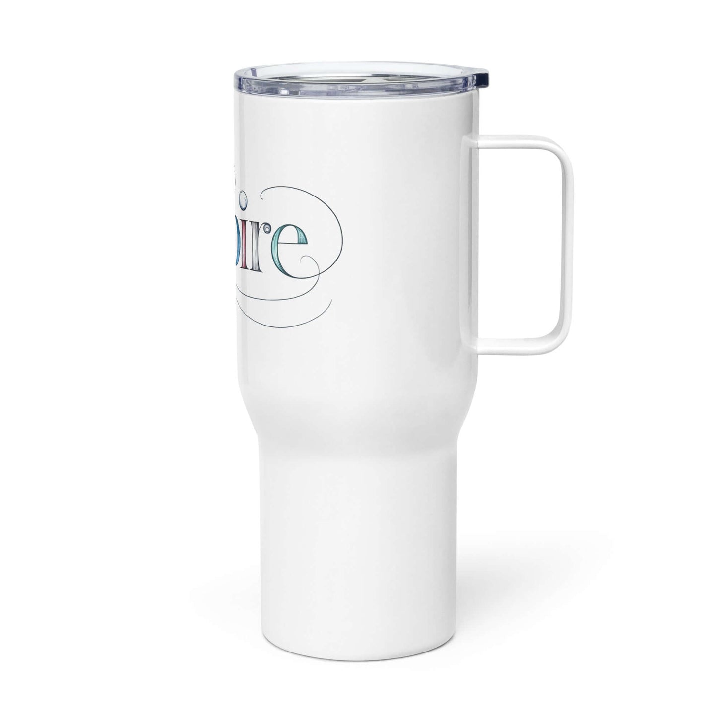 Inspire Sketch Travel Mug with Handle, featuring elegant word art design and creative swirls, perfect for on-the-go inspiration.