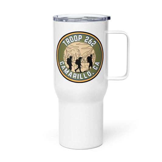 Travel mug with handle featuring Troop 262 Camarillo CA logo, ideal for outdoor adventures and daily commutes.