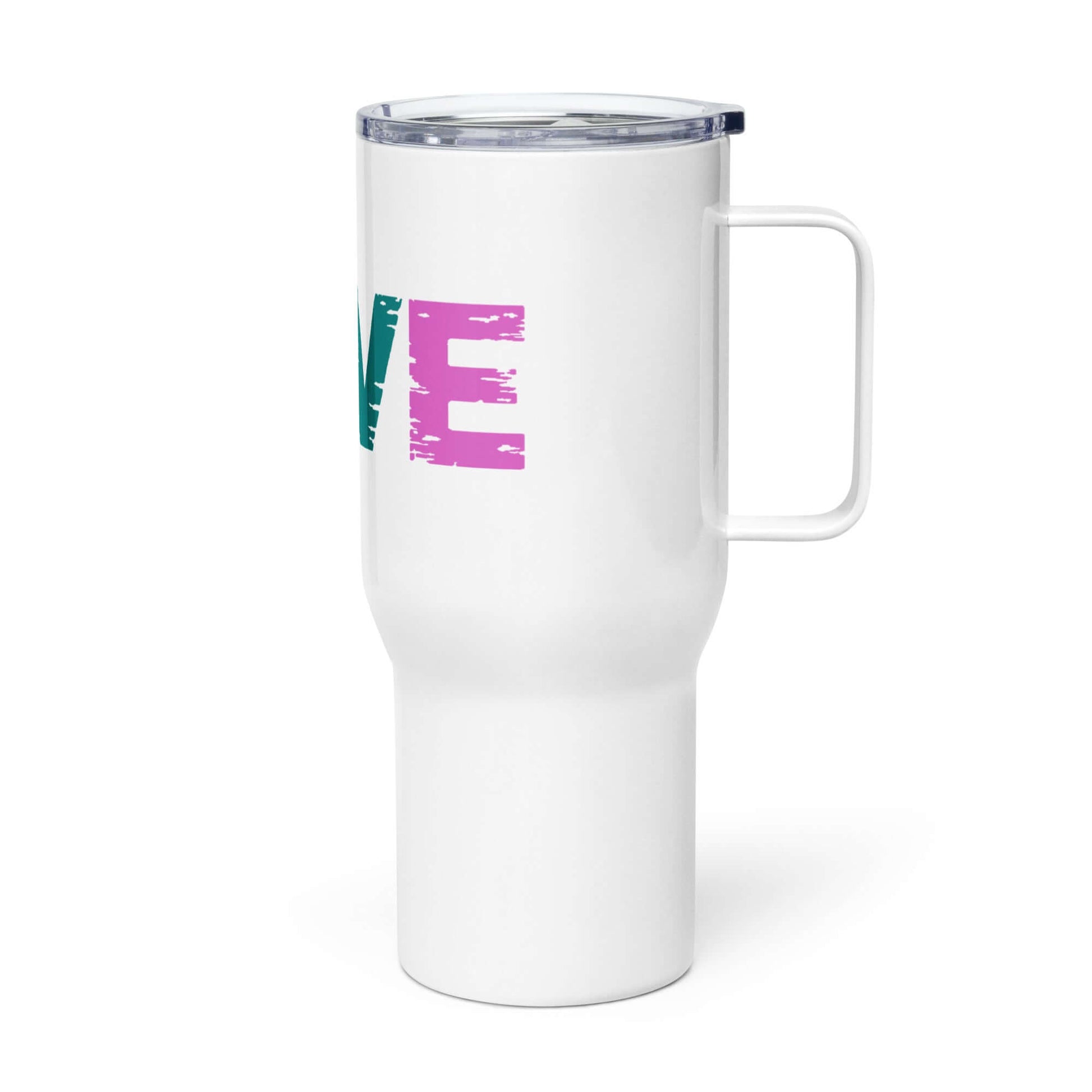 LOVE Pickleball Travel Mug with handle, stylish design for active lifestyle and on-the-go hydration.