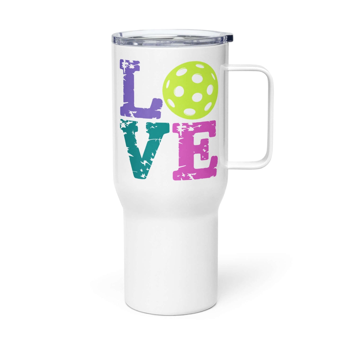 LOVE Pickleball Travel Mug with colorful lettering and green pickleball design, ideal for on-the-go hydration.