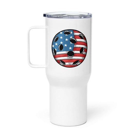 Pickleball American Flag Ball Series travel mug with handle, featuring patriotic design on white stainless steel.