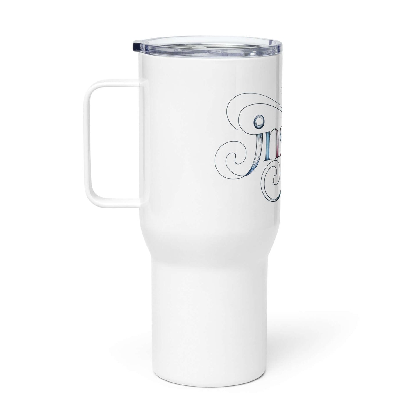 Inspire Sketch Travel Mug with Handle showcasing elegant word art design for creativity on the go.