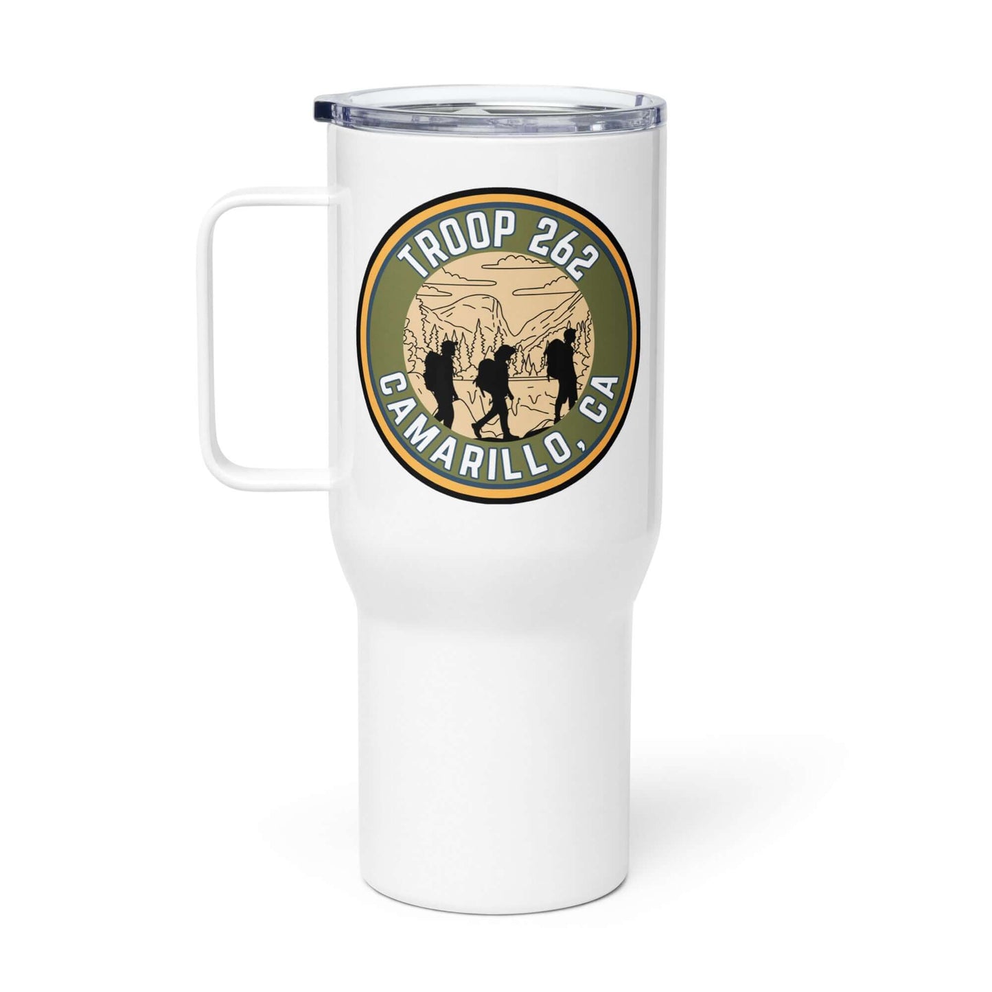 White stainless steel travel mug with handle and Troop 262 Camarillo, CA logo, spill-proof lid, and outdoor design.