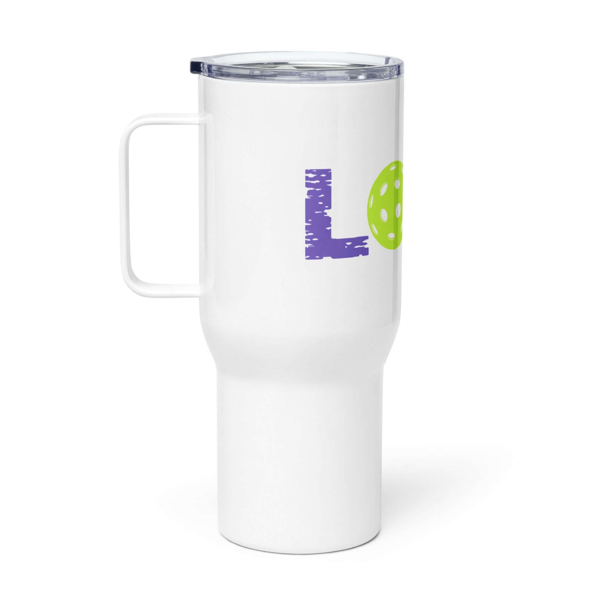 LOVE Pickleball Travel Mug with Handle in white, featuring playful lettering and vibrant pickleball design.