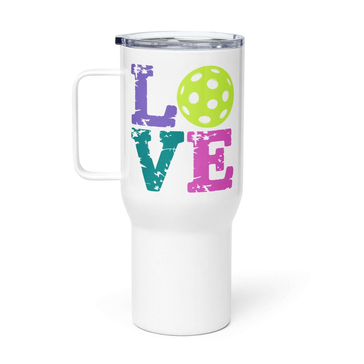 LOVE Pickleball Travel Mug with colorful logo, perfect for enthusiasts on the go, crafted from durable stainless steel.