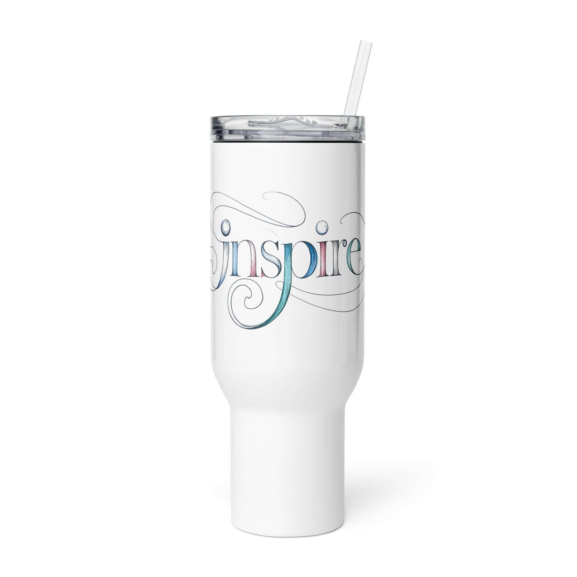 Inspire Sketch Travel Mug with Handle featuring elegant word art design, perfect for fueling creativity on the go.