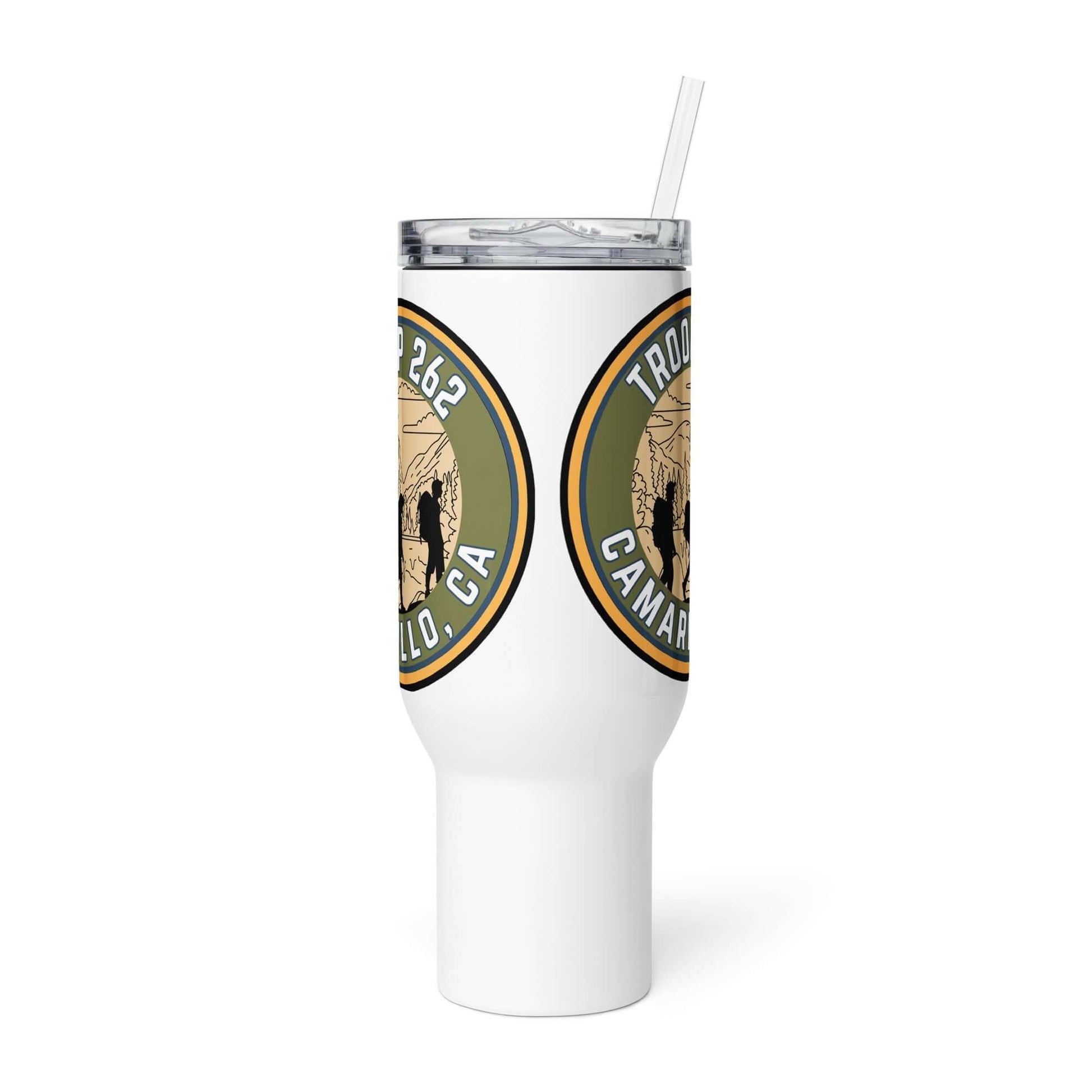 Stylish travel mug with a handle, featuring a unique design and spill-proof lid, perfect for on-the-go sipping.