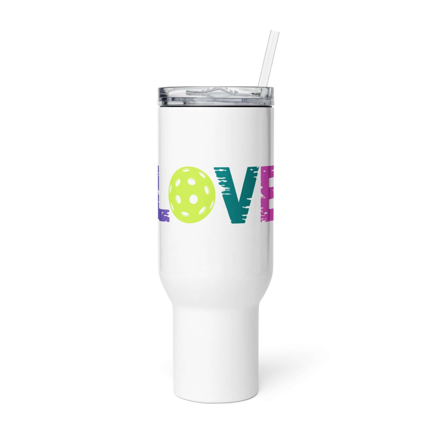 LOVE Pickleball Travel Mug with a handle, colorful design, perfect for pickleball players and fans.