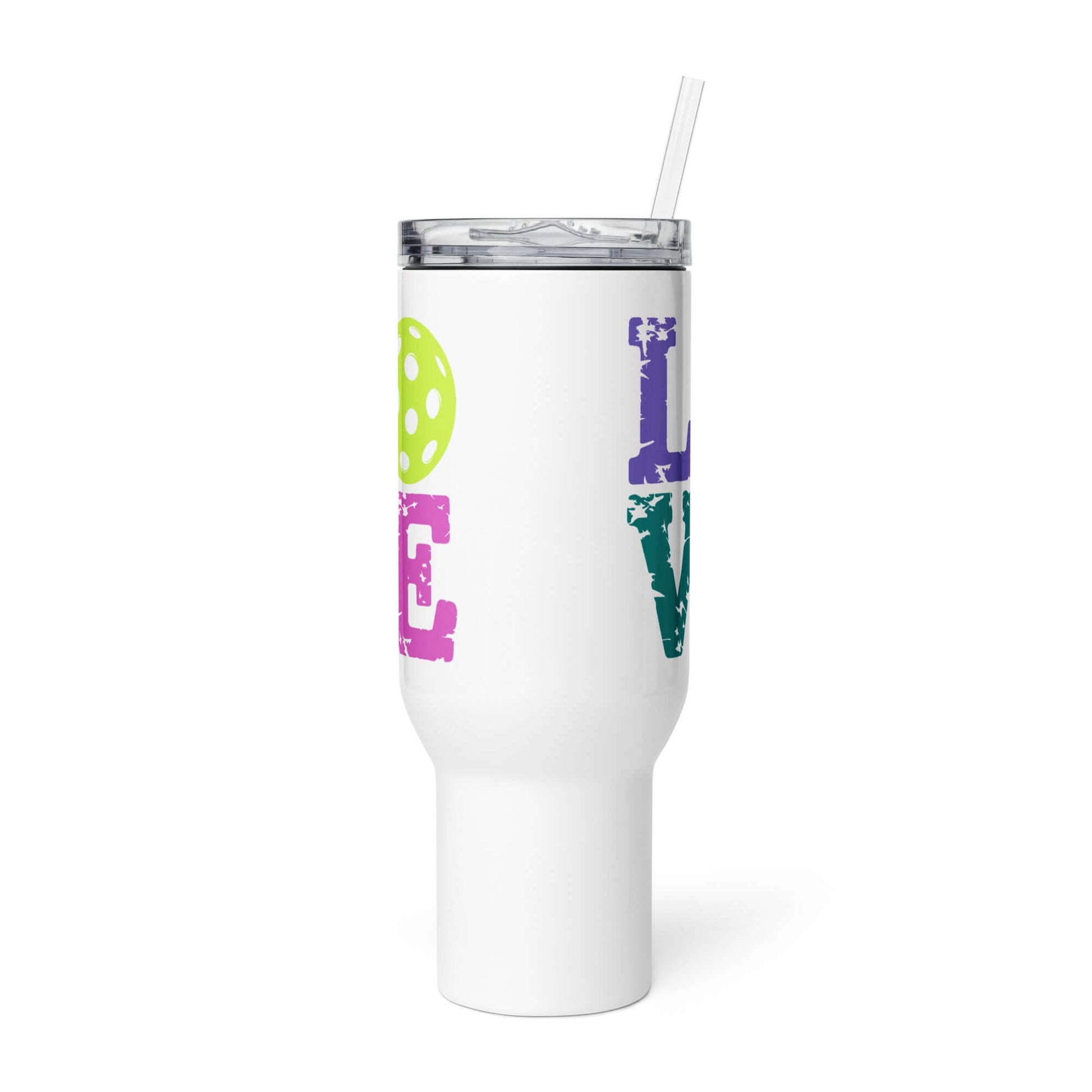 LOVE Pickleball Travel Mug with bold colors and straw, perfect for pickleball enthusiasts on the go.