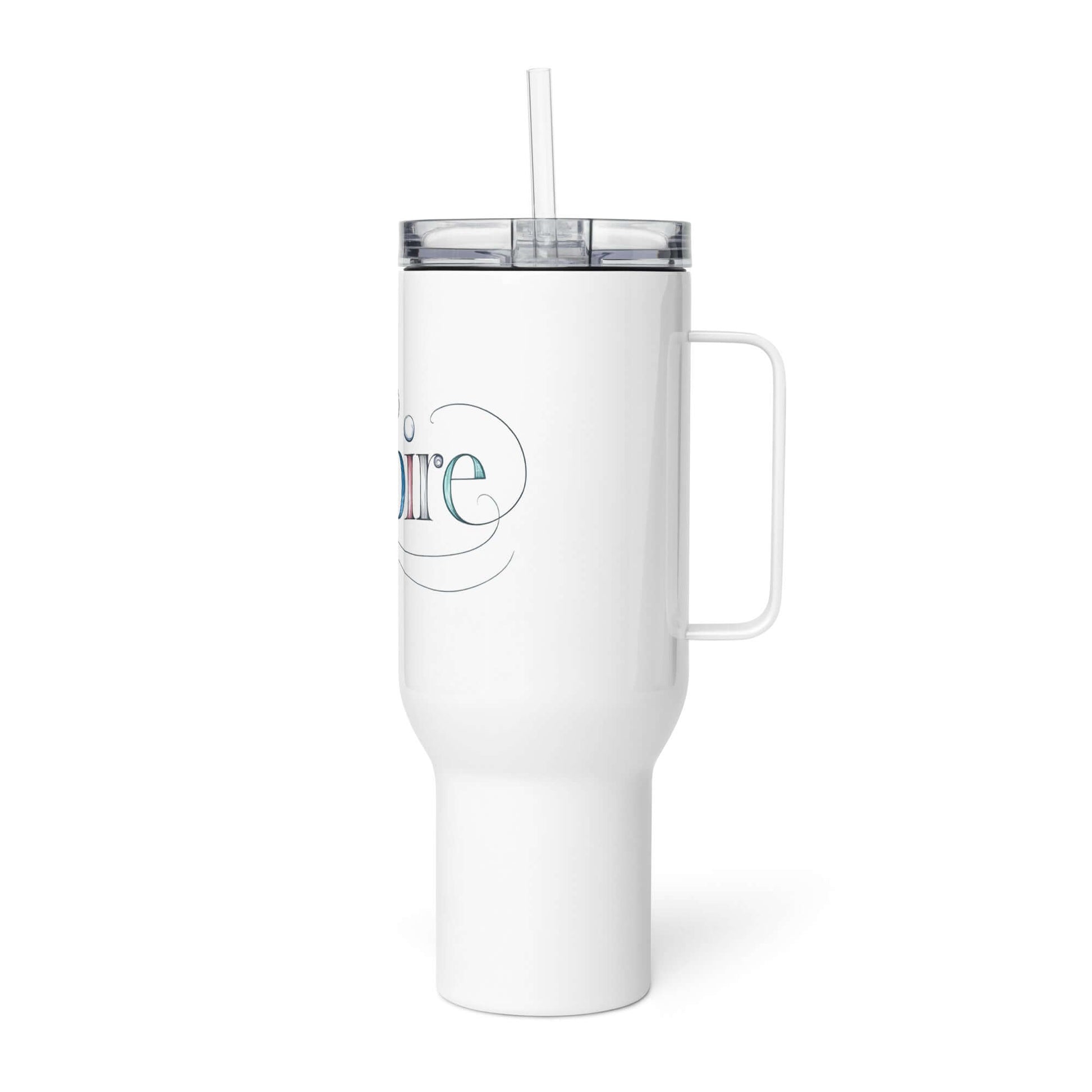 Inspire Sketch Travel Mug with Handle featuring elegant word art design and intricate patterns. Perfect for creativity on the go.