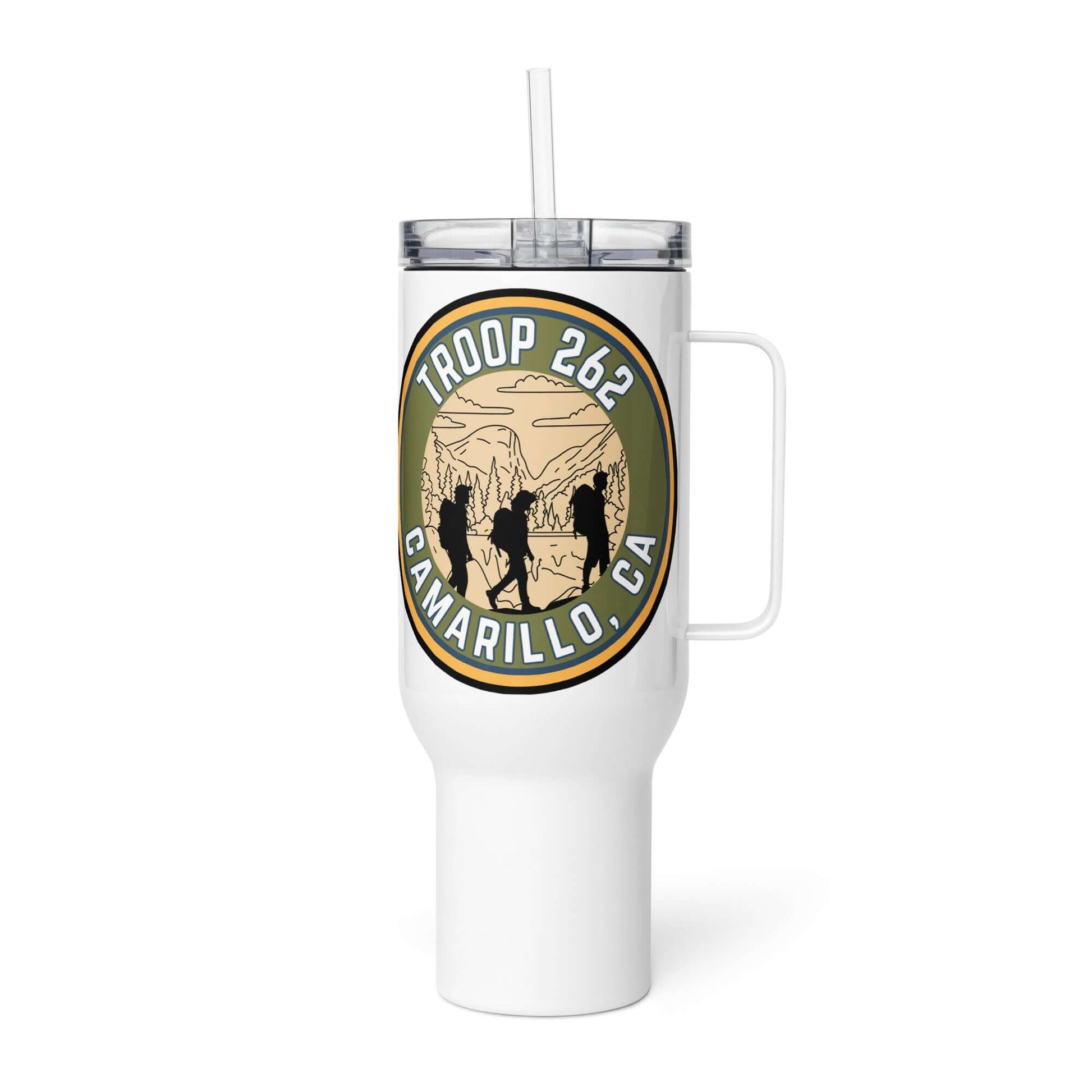 Travel mug with handle, Troop 262 design, white stainless steel, perfect for on-the-go beverages and adventures.