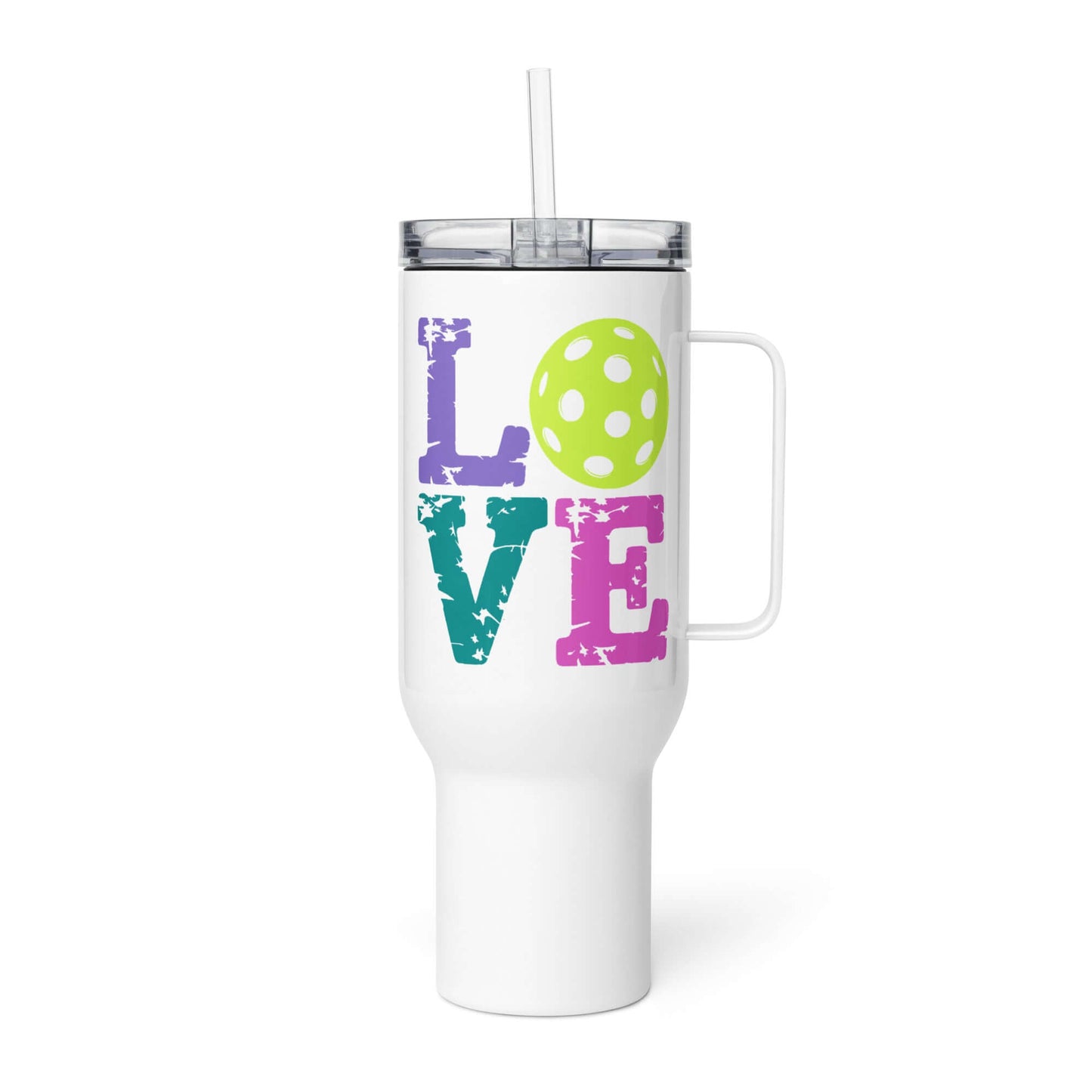 LOVE Pickleball Travel Mug with colorful letters and a pickleball design, perfect for on-the-go players and fans.