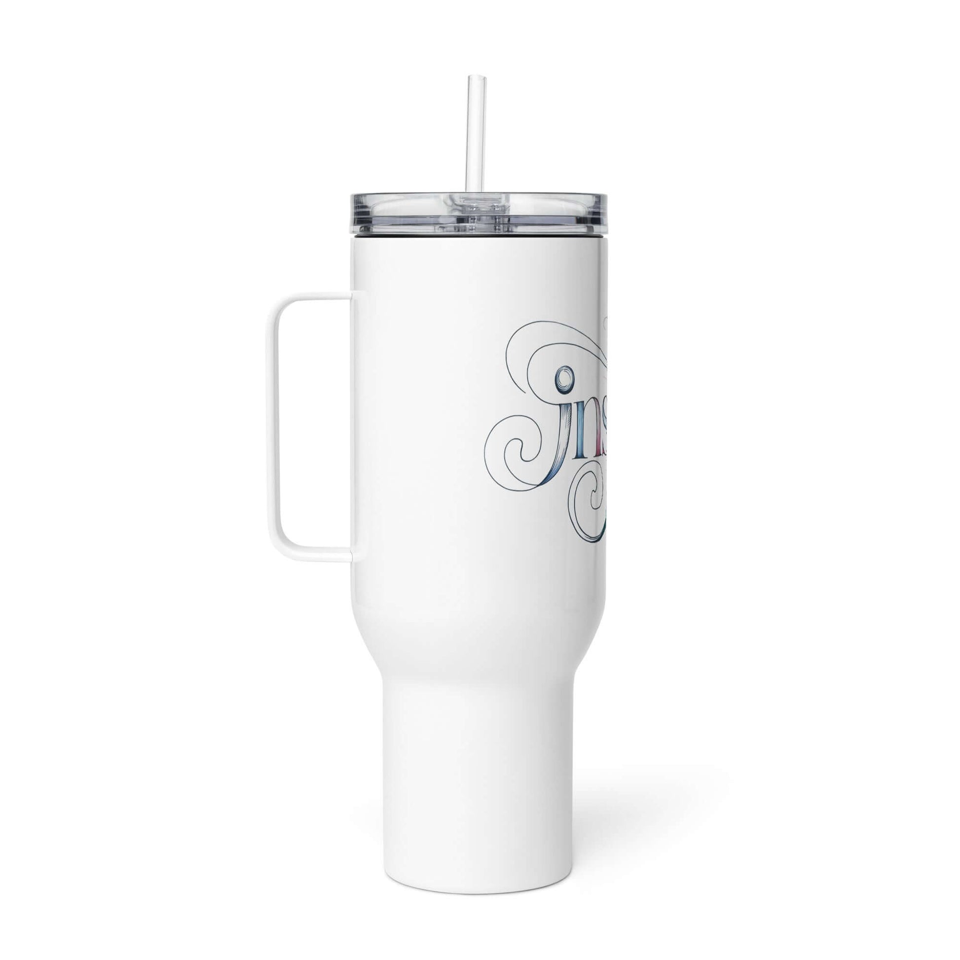 Inspire Sketch Travel Mug with Handle featuring elegant word art design for creativity on the go.