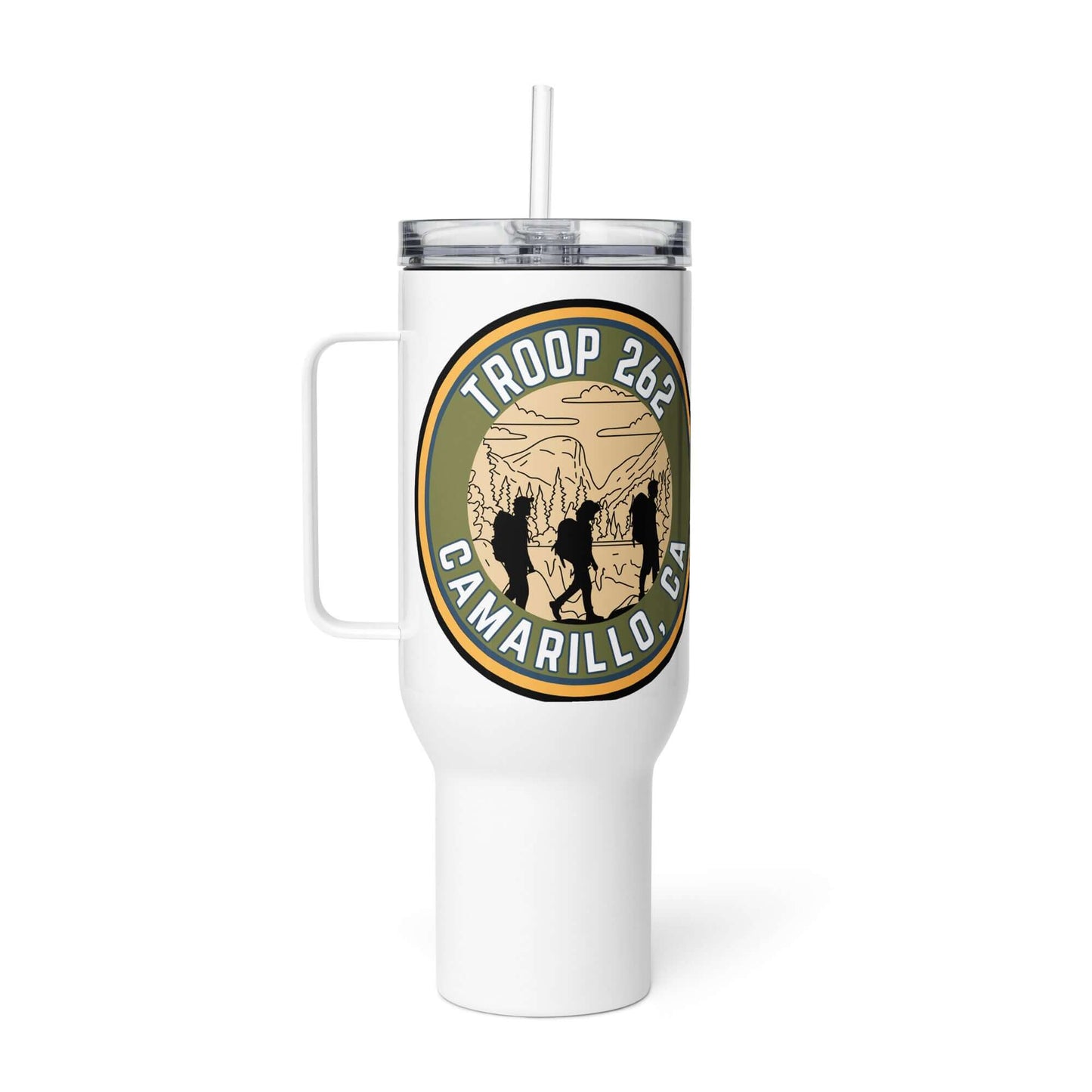 Travel mug with handle featuring Troop 262 logo, designed for on-the-go use with sleek style.