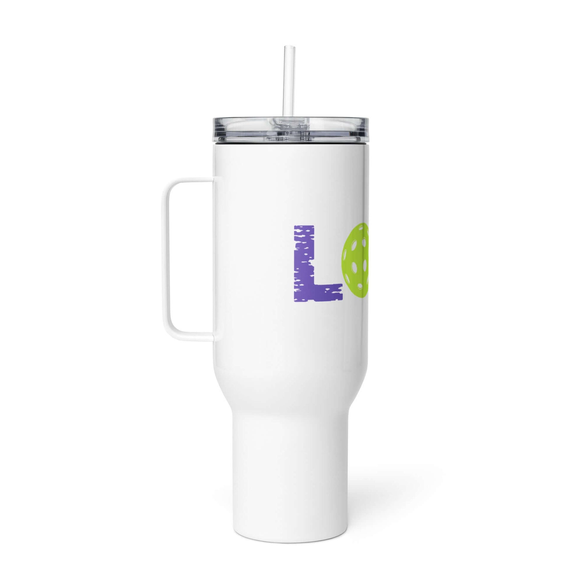 LOVE Pickleball travel mug with handle, durable design for on-the-go players, perfect for enjoying beverages.