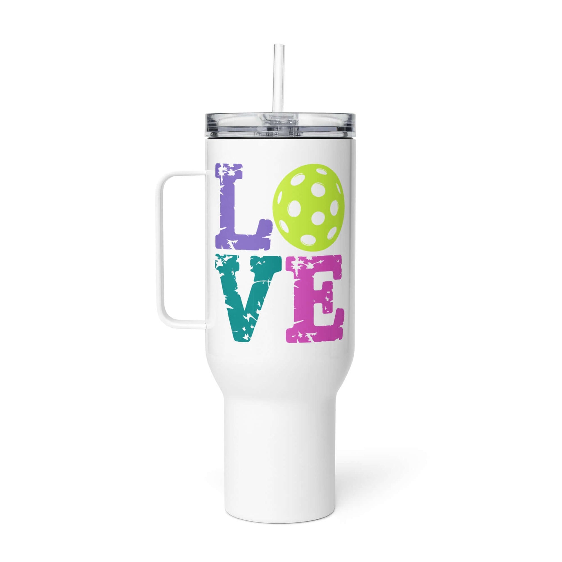 LOVE Pickleball Travel Mug with colorful letters and a green pickleball design, perfect for on-the-go hydration.