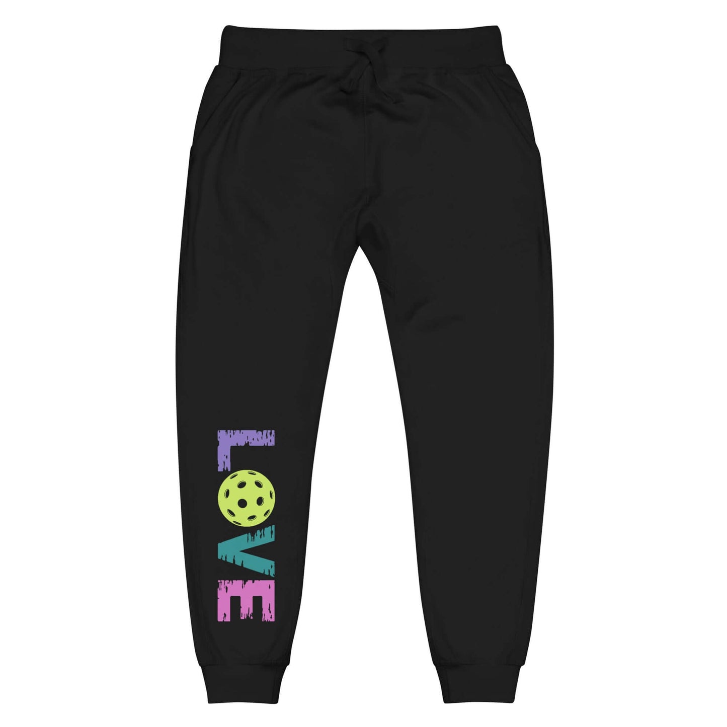 Women's LOVE Pickleball Fleece Sweatpants in black with colorful graphic design and pickleball logo.