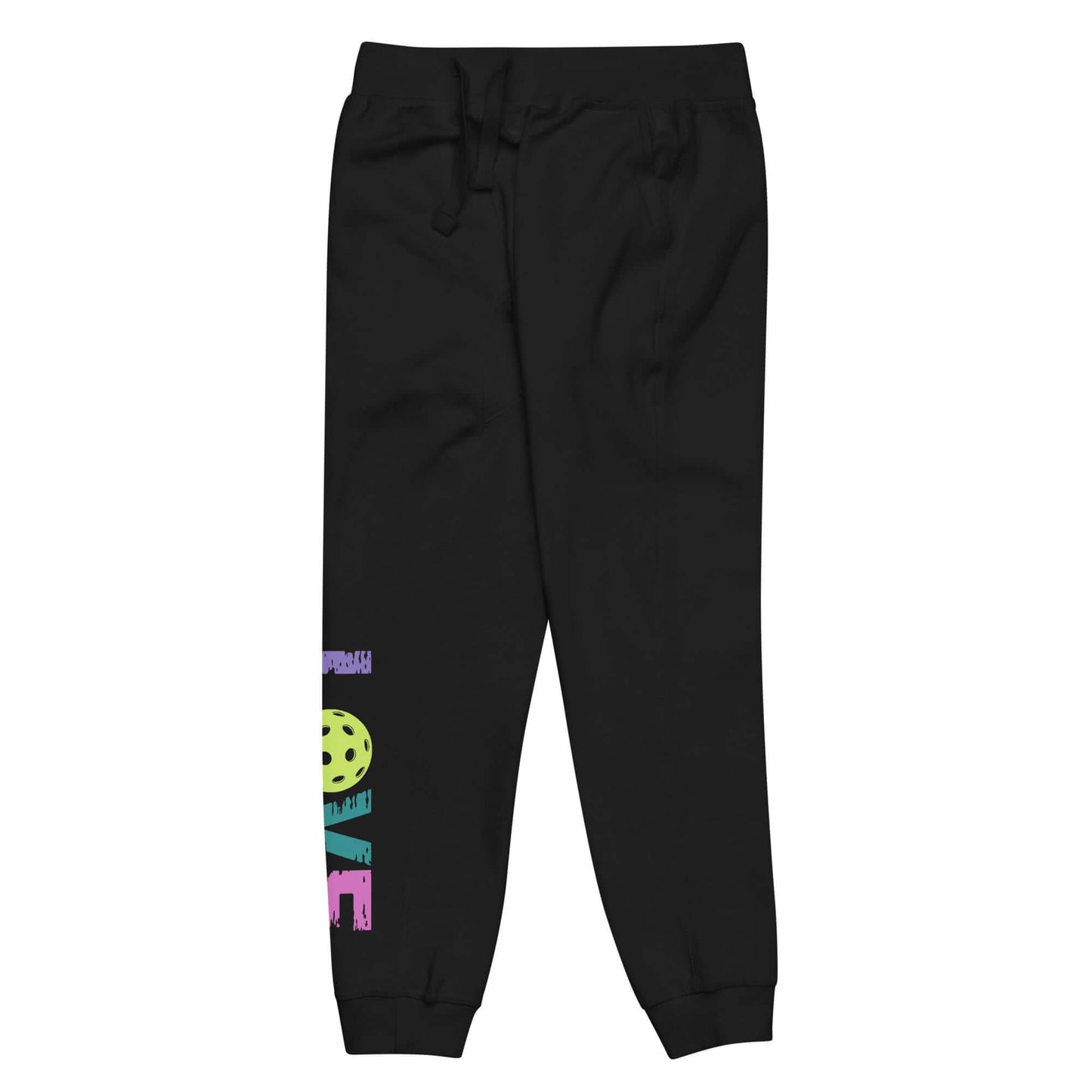 Women's LOVE Pickleball Fleece Sweatpants in black with colorful graphic, ideal for comfort and style.