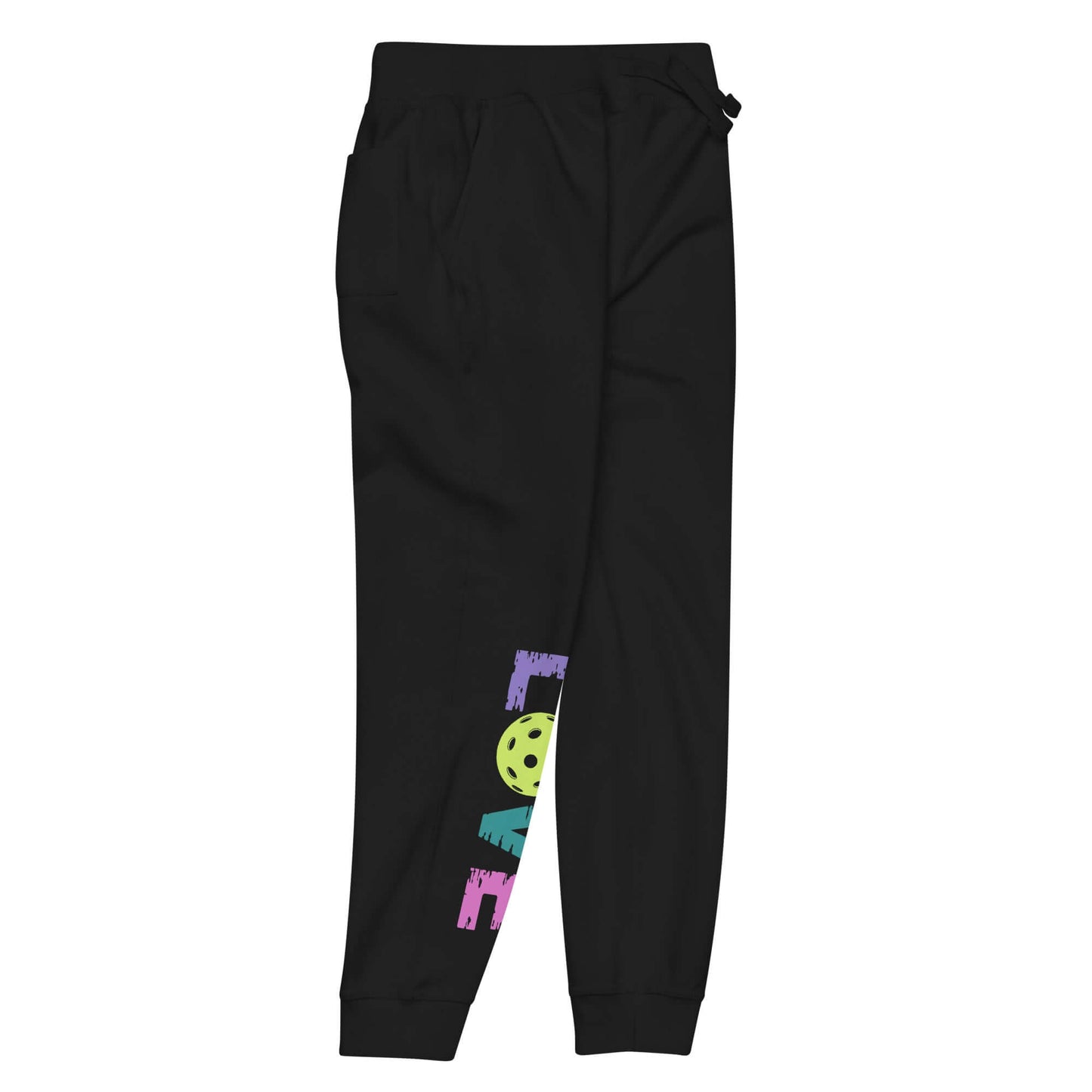 Women's black LOVE Pickleball fleece sweatpants featuring vibrant pickleball graphic on leg.