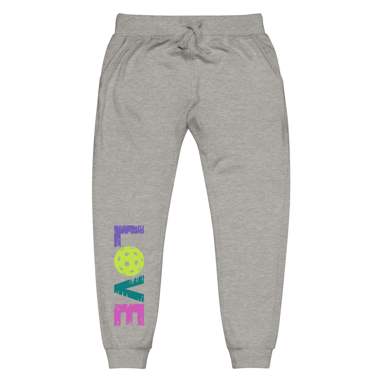 Women's grey fleece sweatpants featuring colorful 'LOVE' print and pickleball design on the leg, ideal for comfort and style.