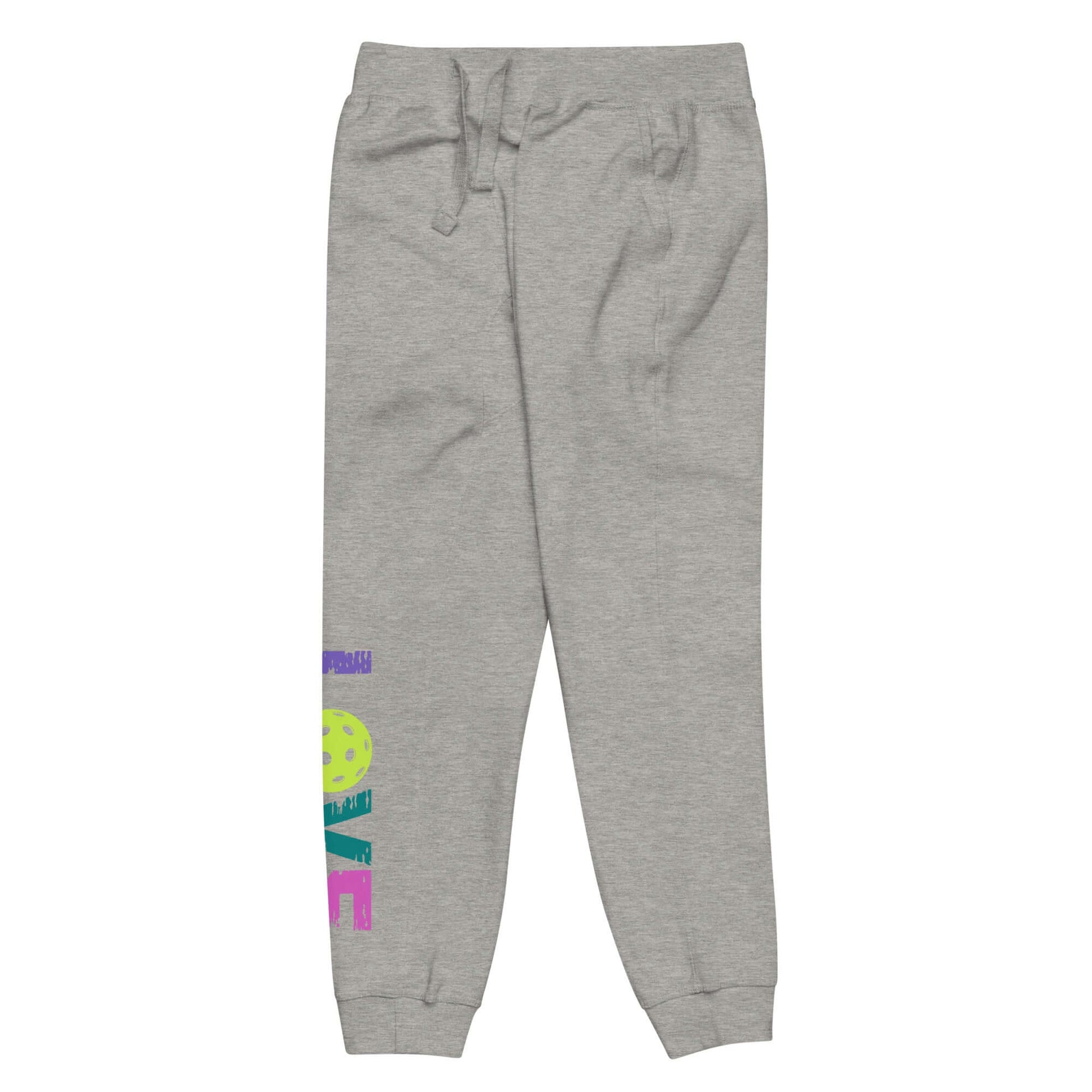 Women's LOVE Pickleball Fleece Sweatpants in gray with colorful design on side, perfect for comfort and style.