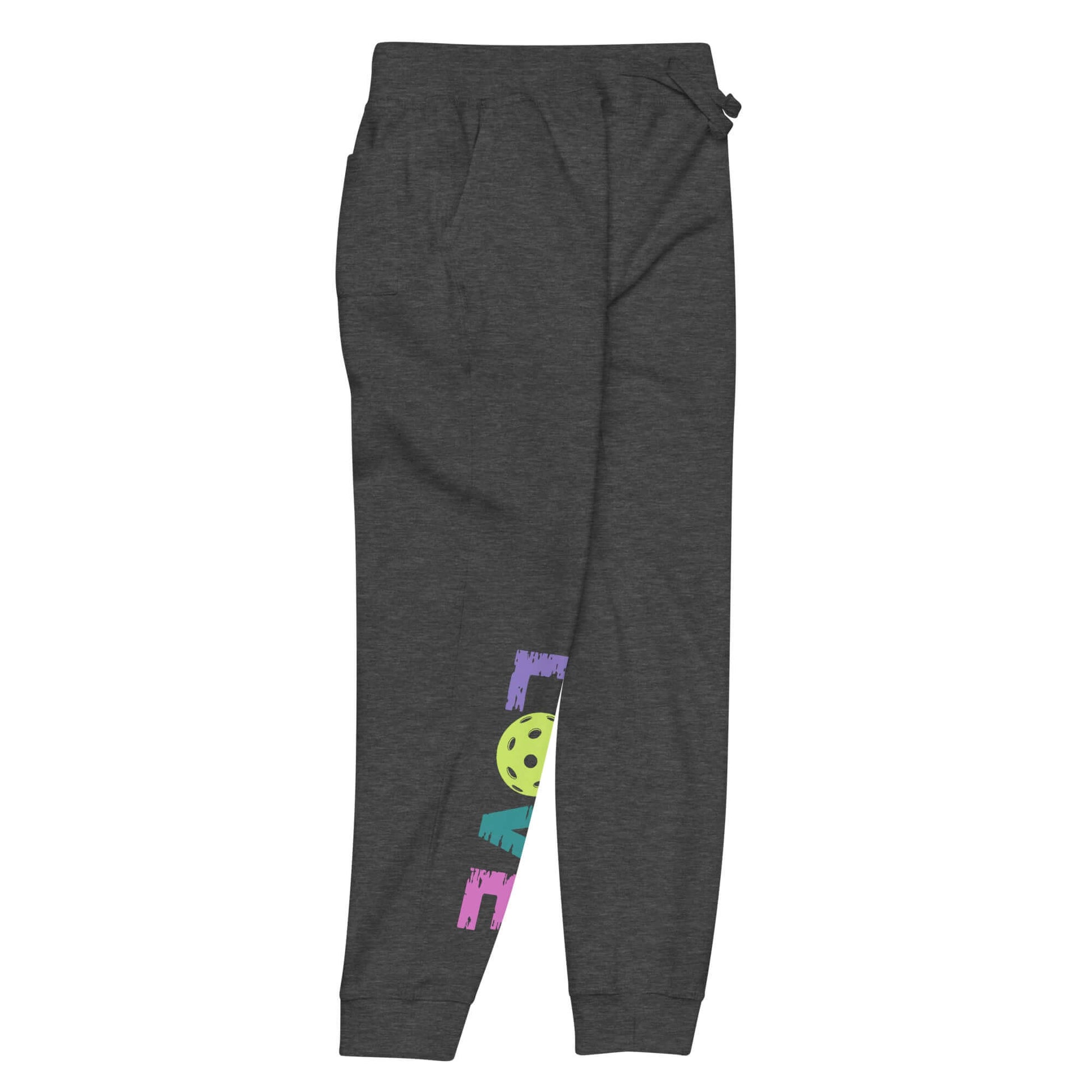 Women's LOVE Pickleball Fleece Sweatpants in charcoal with colorful pickleball design and stylish fit.