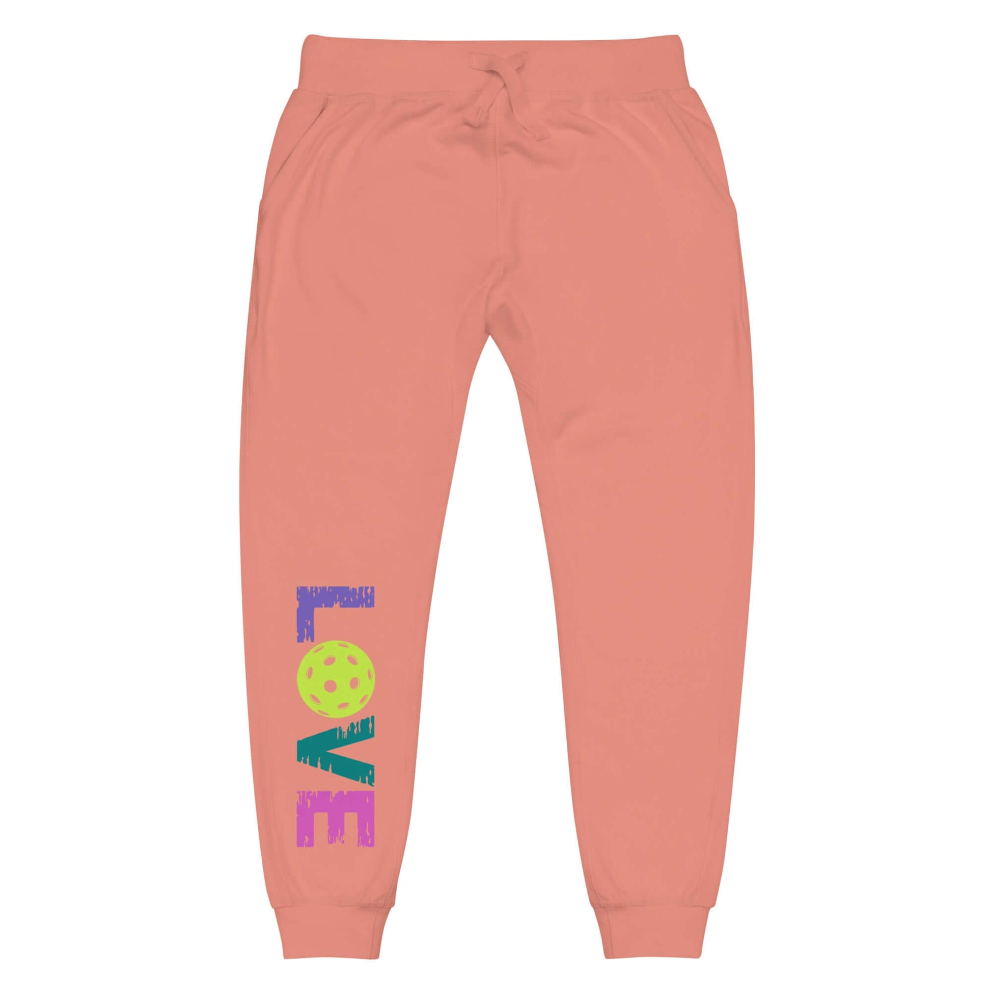 Women's LOVE Pickleball Fleece Sweatpants in coral, featuring colorful text and pickleball design for stylish comfort.