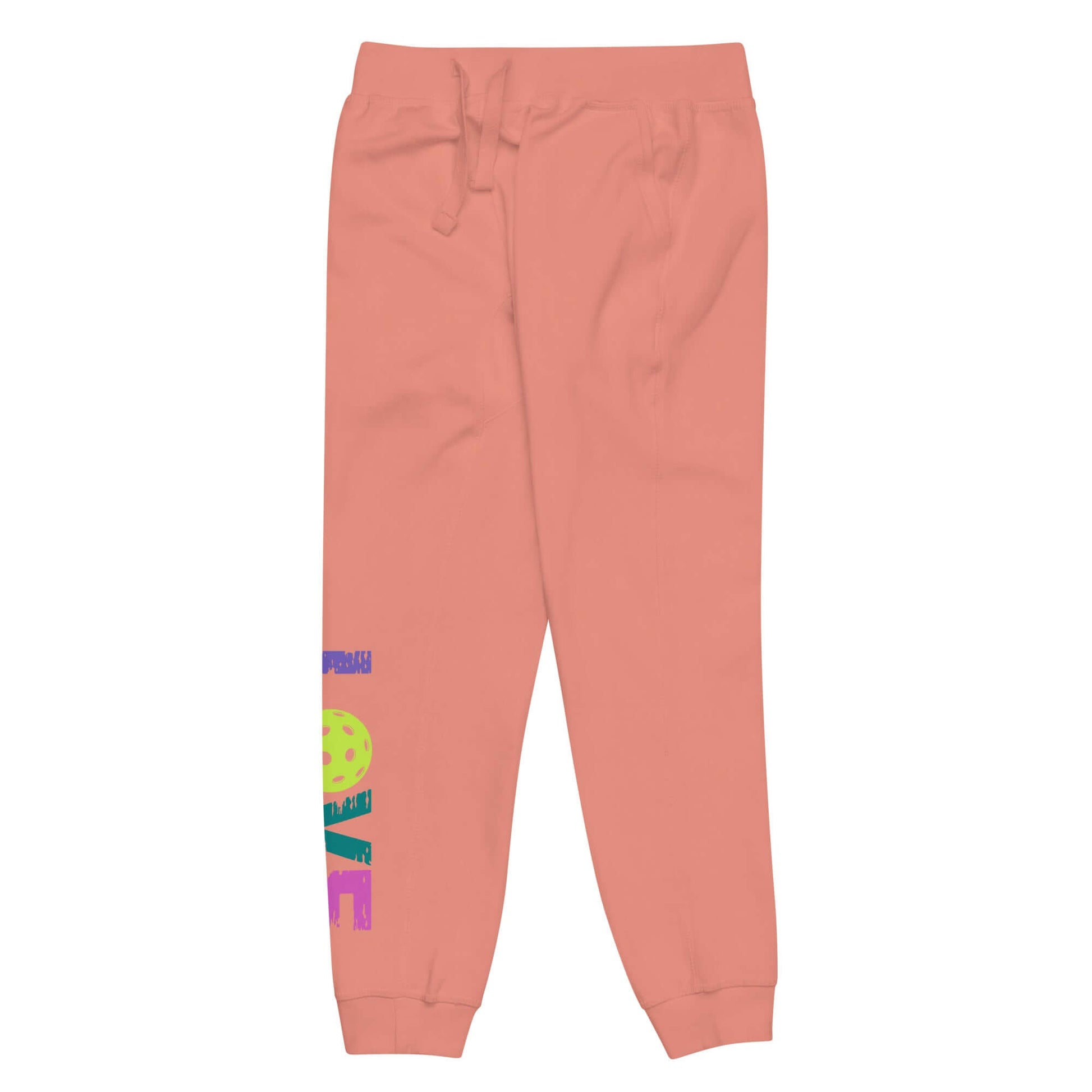 Women's LOVE Pickleball Fleece Sweatpants in peach color with colorful print, ideal for comfort and style.