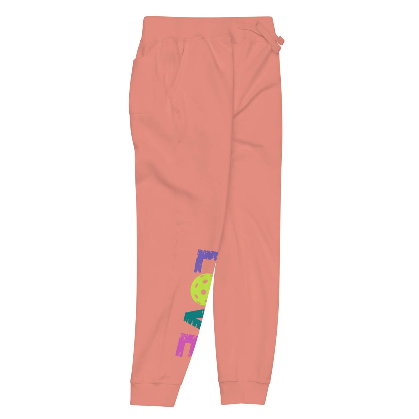 Women's LOVE Pickleball Fleece Sweatpants in coral with colorful design, ideal for casual wear and pickleball enthusiasts.