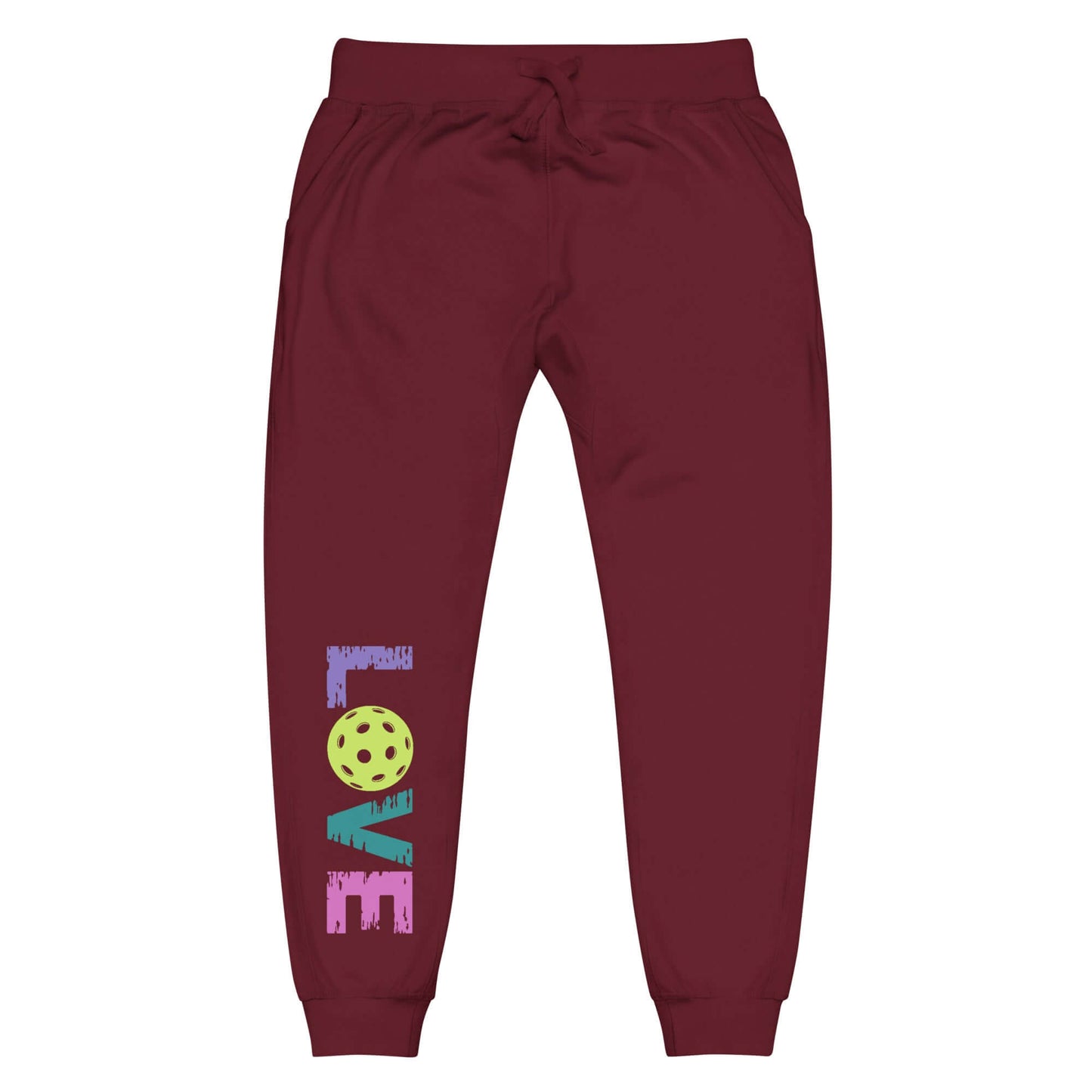 Women's LOVE Pickleball Fleece Sweatpants in burgundy with colorful lettering and pickleball graphic.